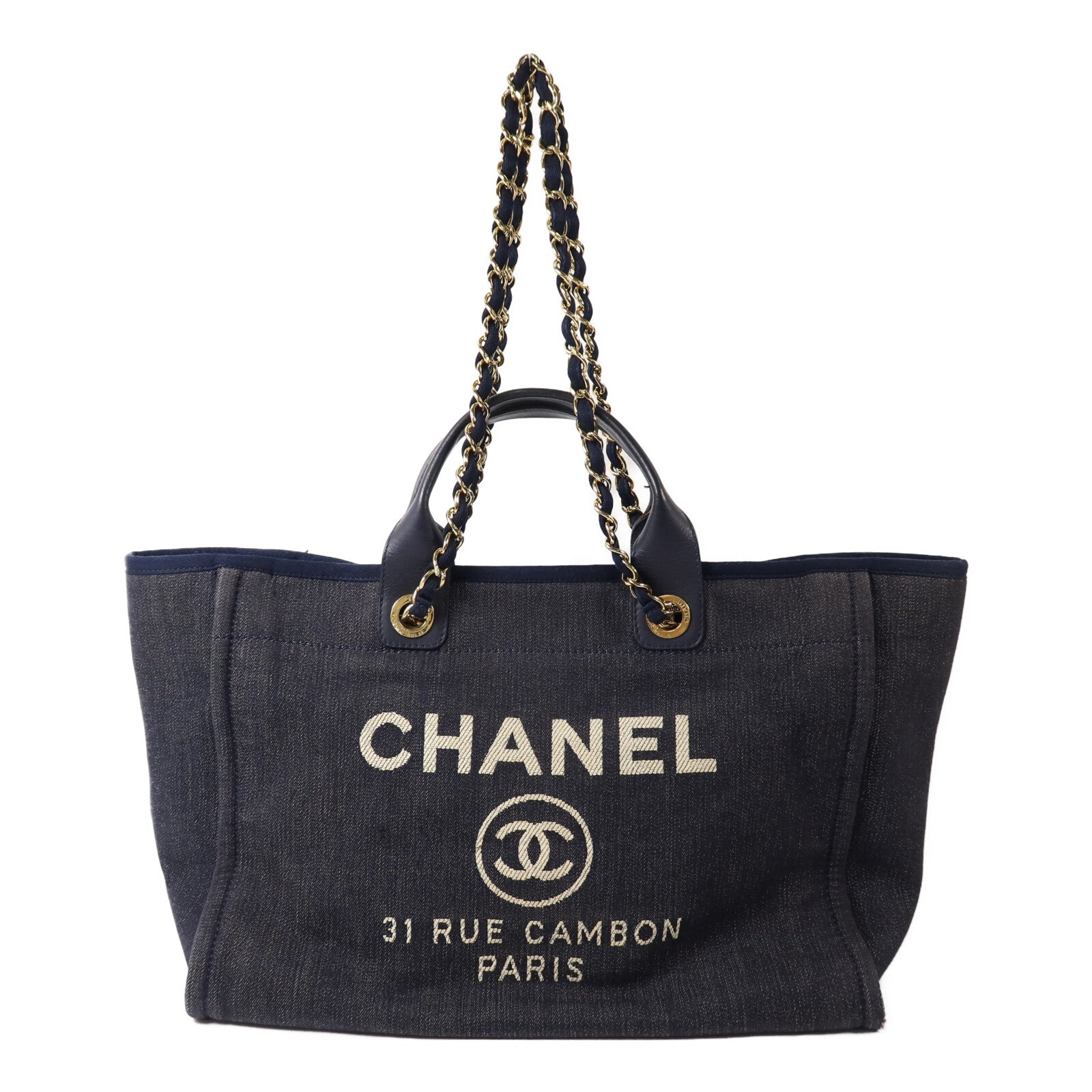 CHANEL 牛仔布Deauville Tote鏈帶手挽肩背兩用袋