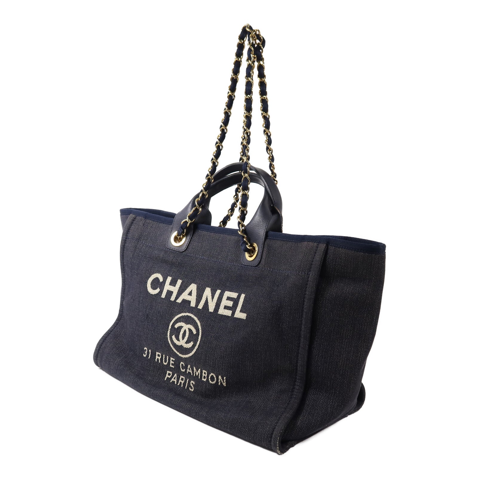 CHANEL 牛仔布Deauville Tote鏈帶手挽肩背兩用袋