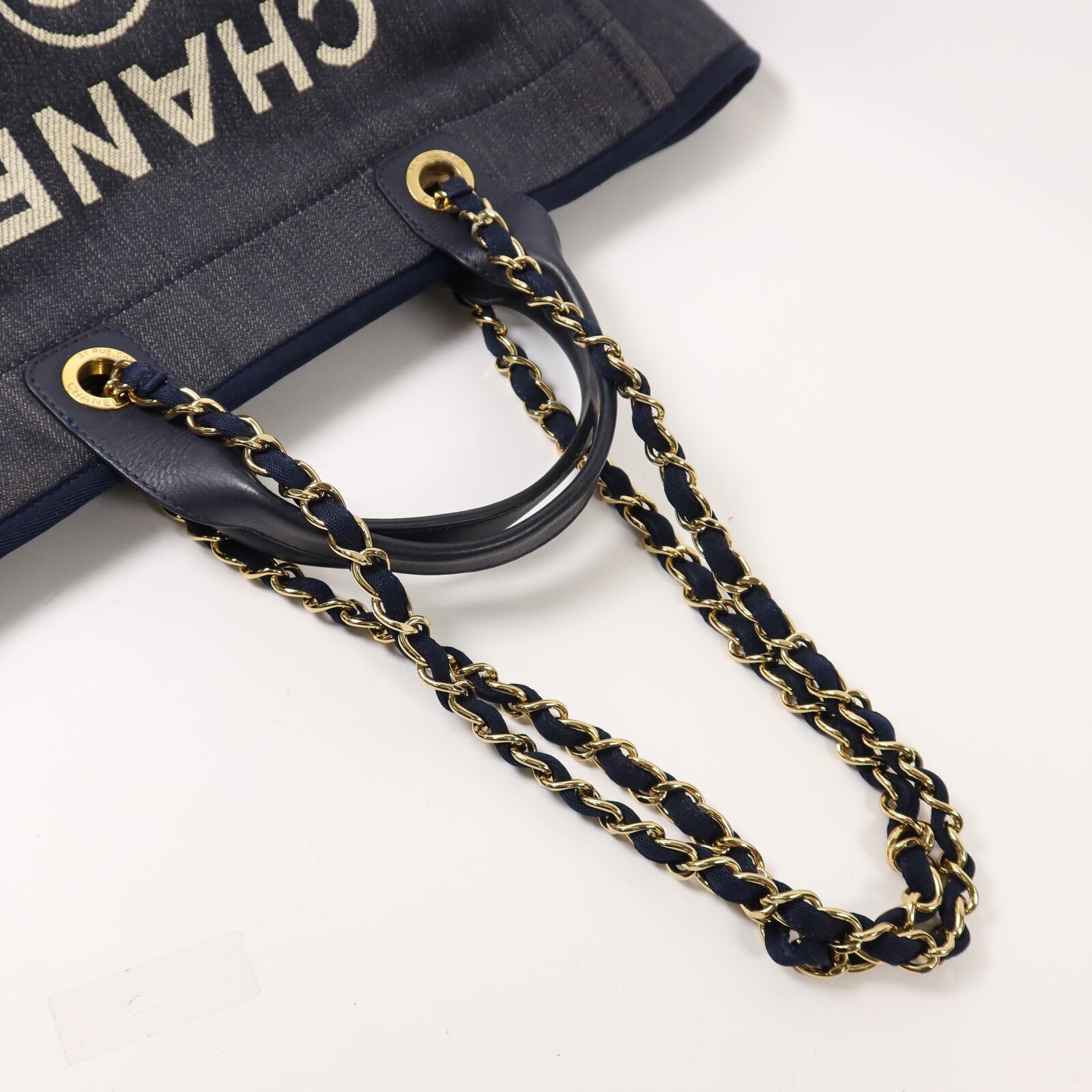 CHANEL 牛仔布Deauville Tote鏈帶手挽肩背兩用袋