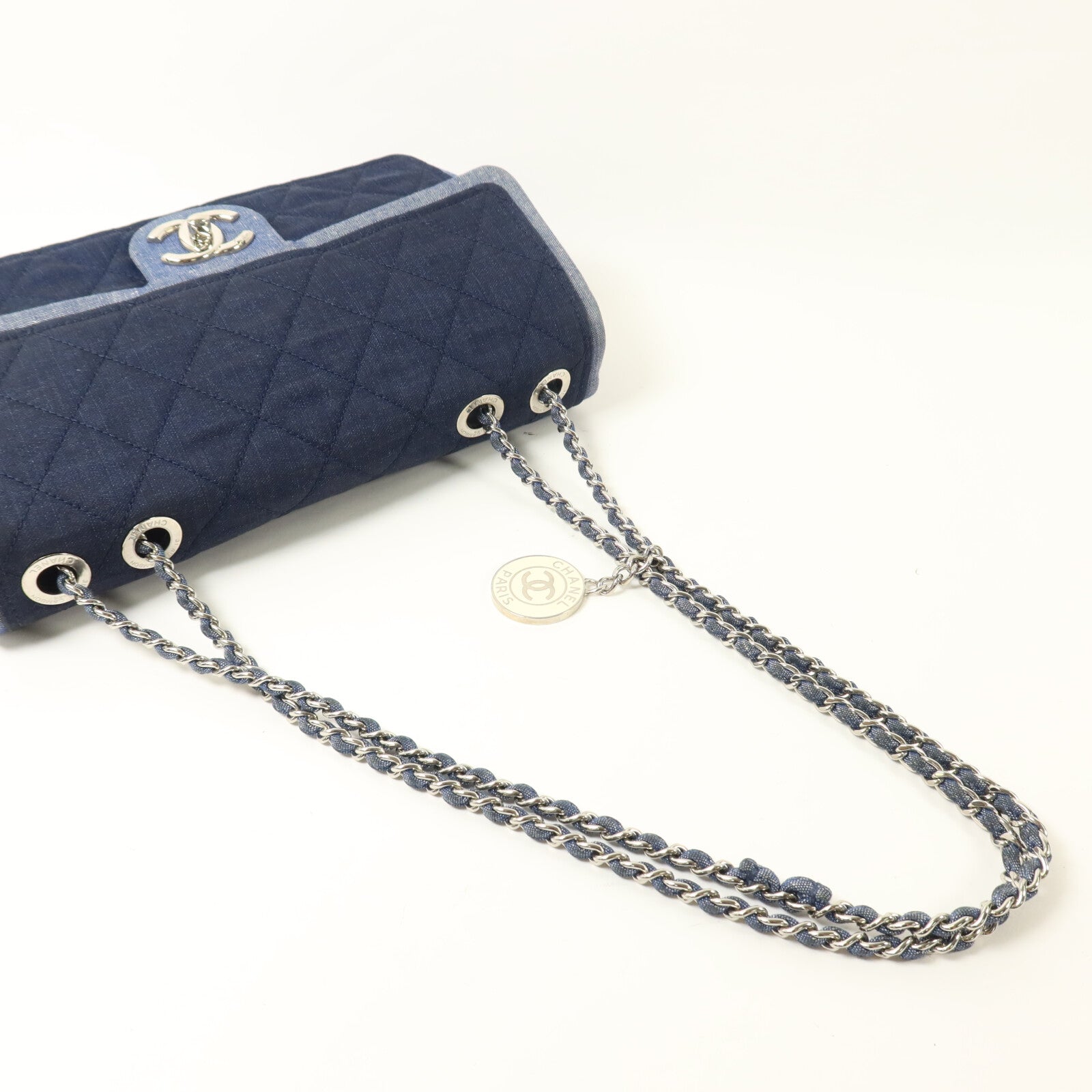 CHANEL 牛仔布Flag Bag鏈帶手挽肩背兩用袋