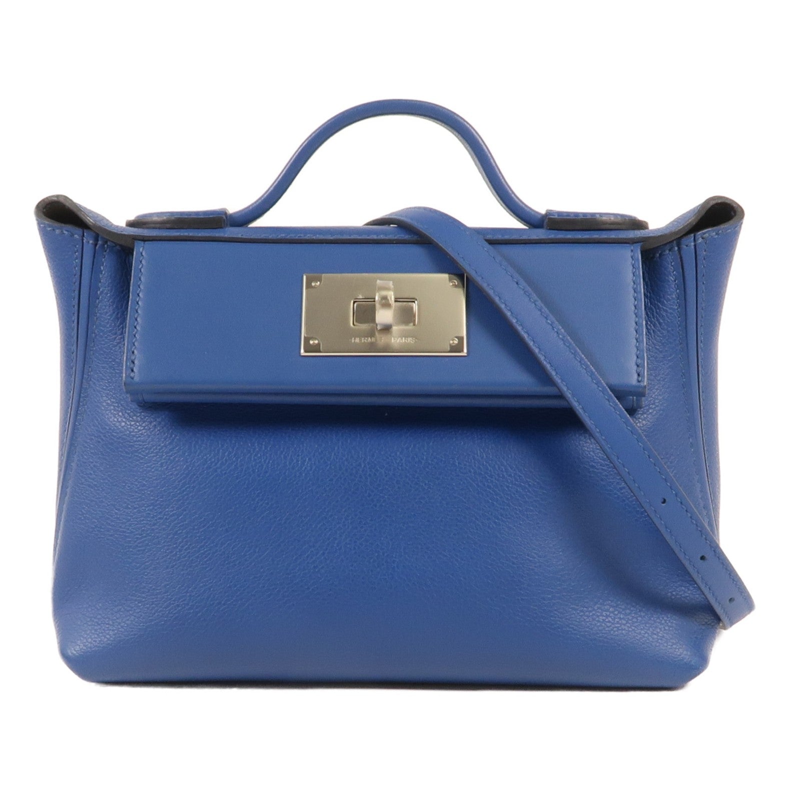 HERMES Evercolor皮革/Swift皮革24/24 Mini銀扣手挽肩背兩用袋 Bleu France