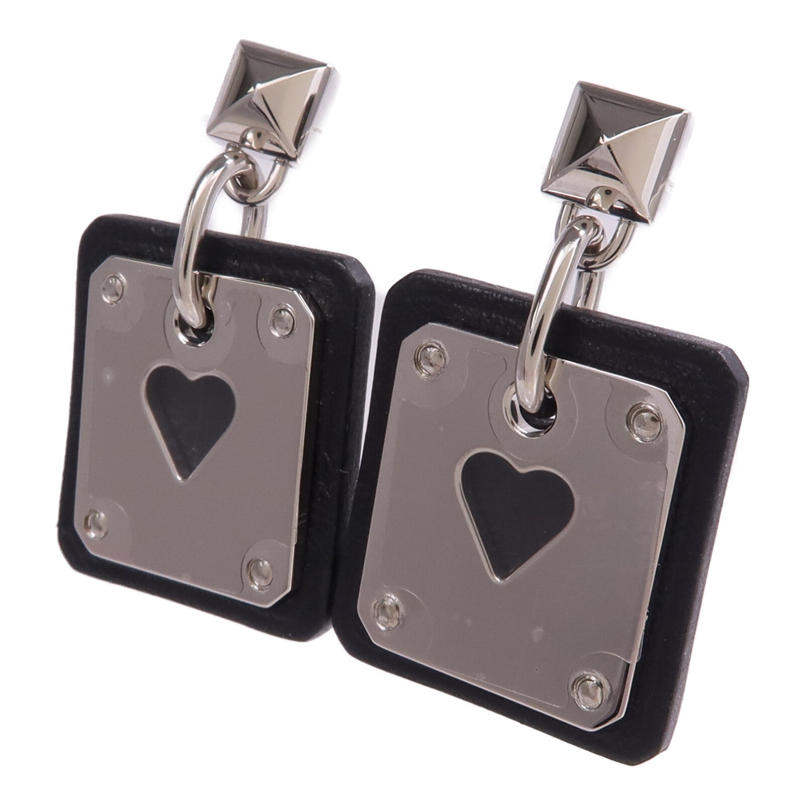 HERMES 牛皮皮革As de Coeur Earrings銀扣耳環Noir
