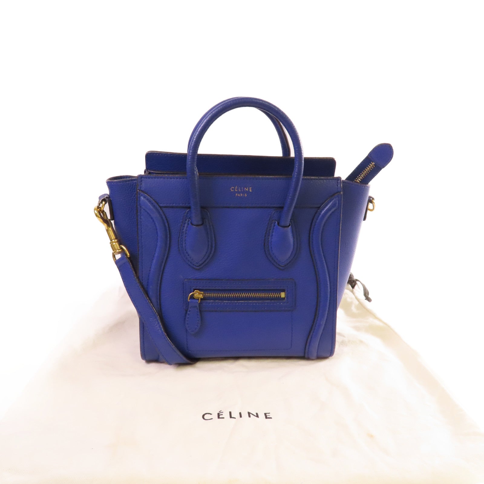 CELINE 牛皮皮革Nano Luggage 2Way Shoulder Bag金扣手挽肩背兩用袋藍色