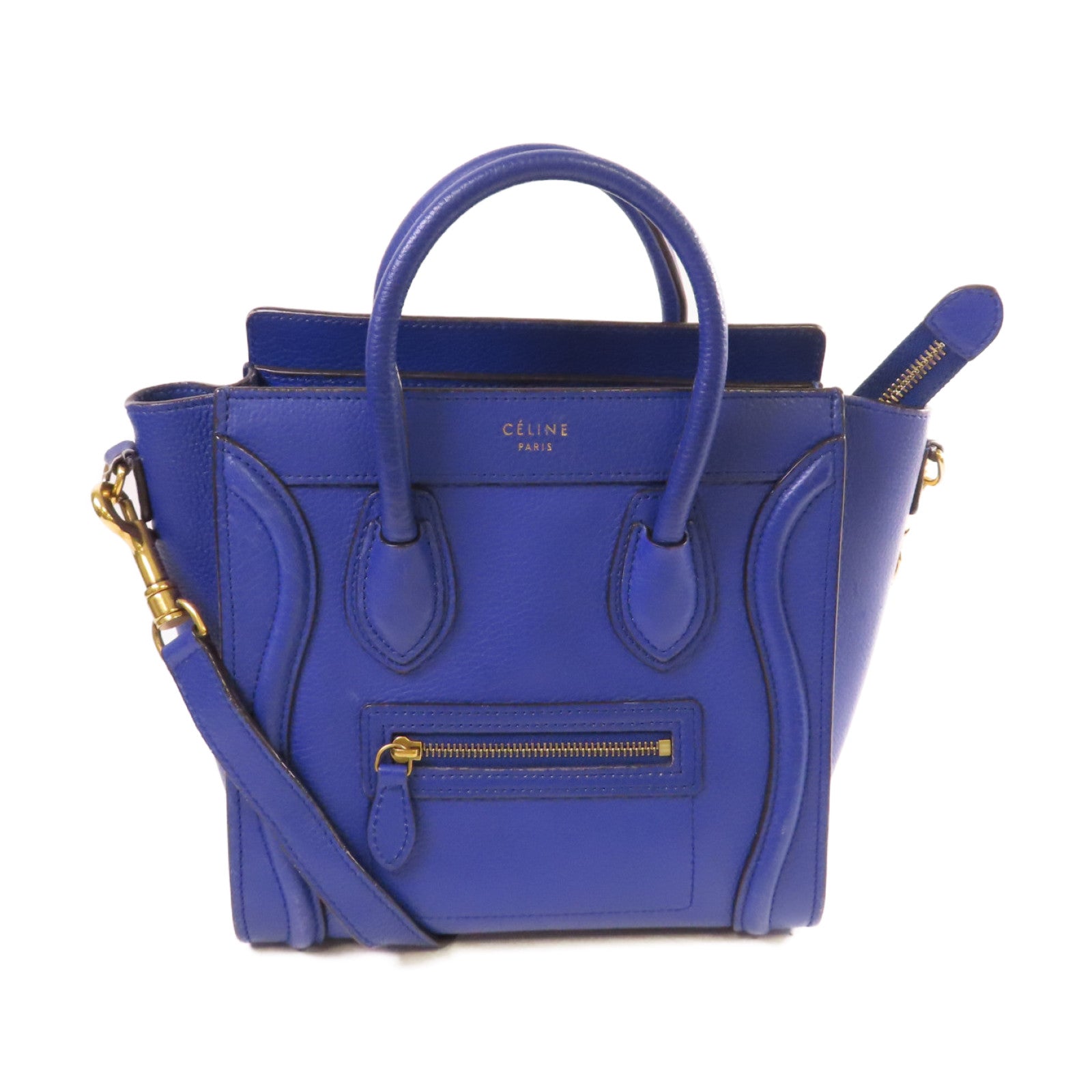 CELINE 牛皮皮革Nano Luggage 2Way Shoulder Bag金扣手挽肩背兩用袋藍色