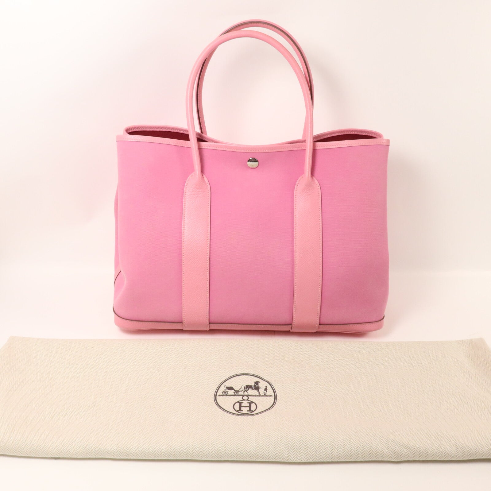 HERMES 帆布GardenParty PM手挽袋Pink/Ruby