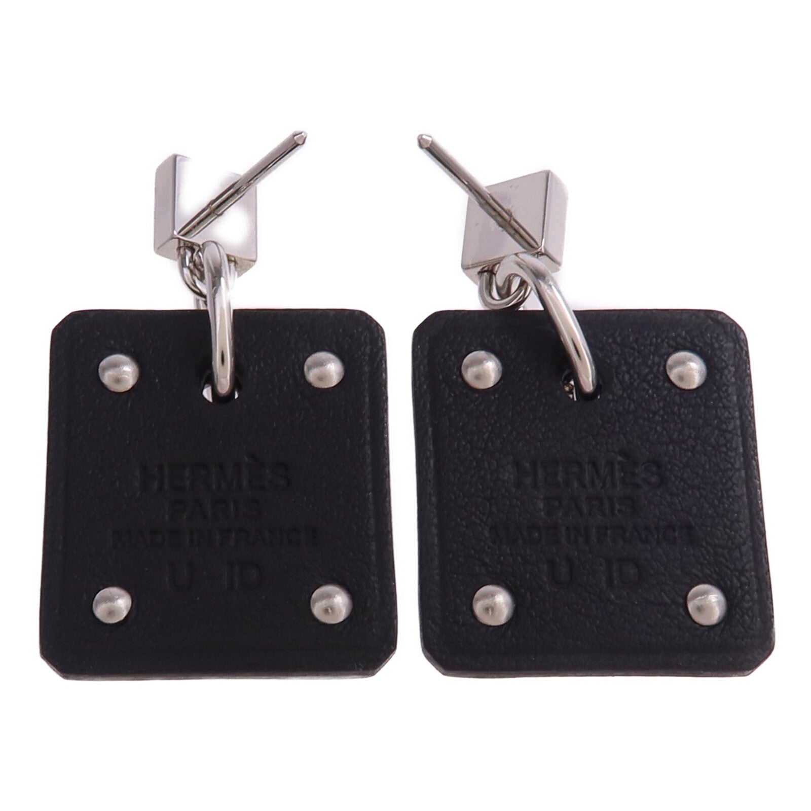 HERMES 牛皮皮革As de Coeur Earrings銀扣耳環Noir