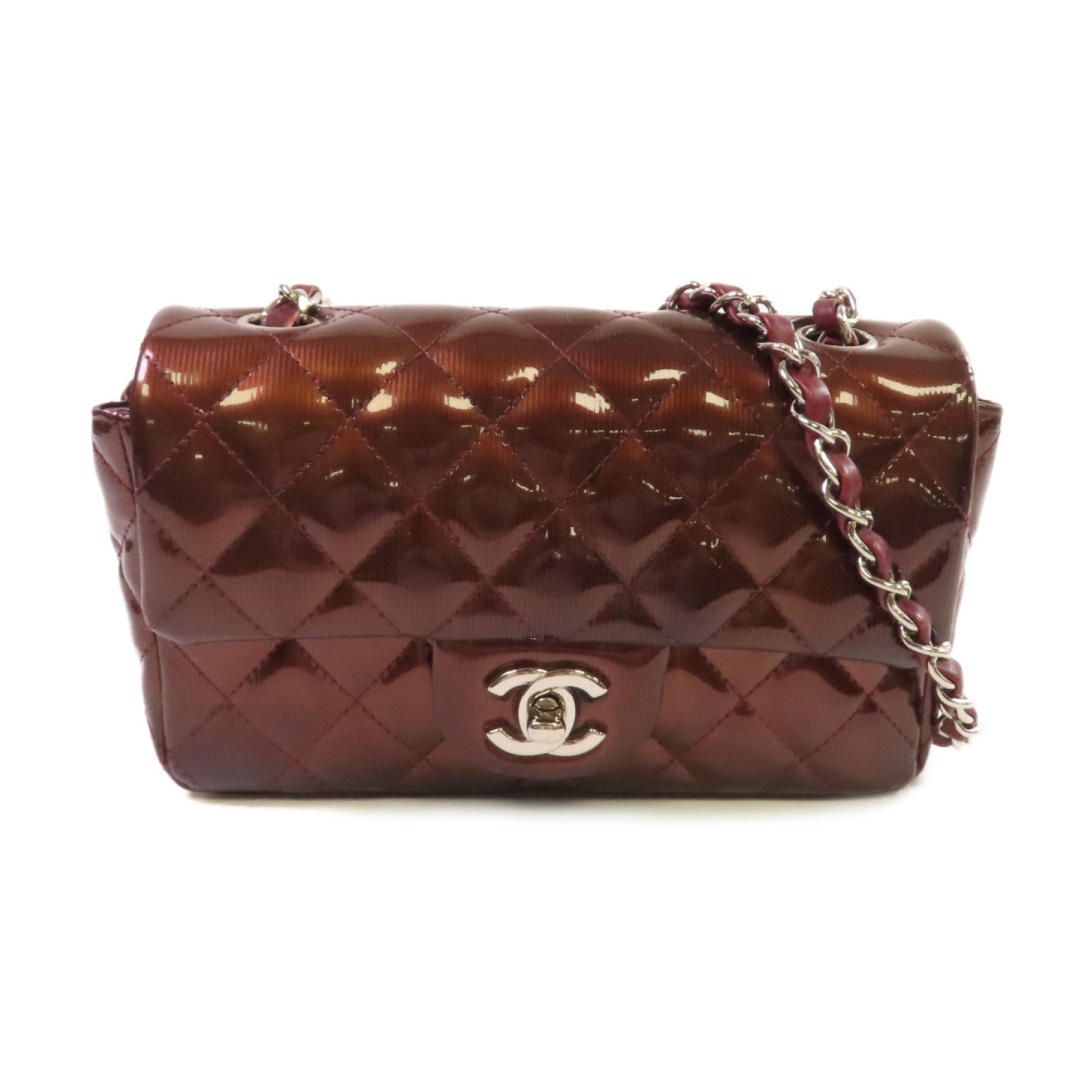 CHANEL 菱格漆皮皮革Chain Shoulder Bag銀扣鏈帶肩背袋啡紅色