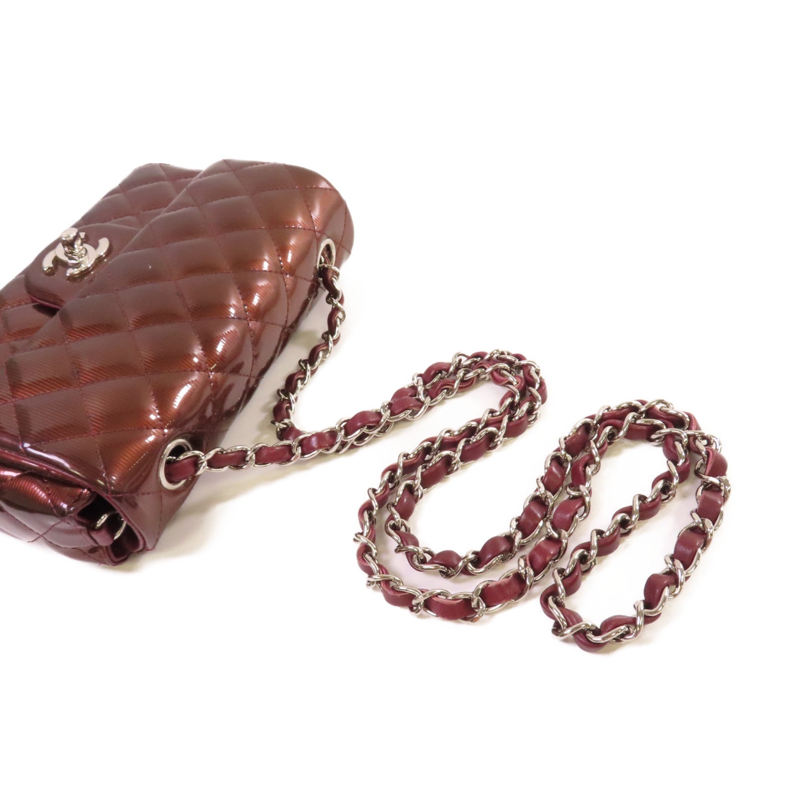 CHANEL 菱格漆皮皮革Chain Shoulder Bag銀扣鏈帶肩背袋啡紅色