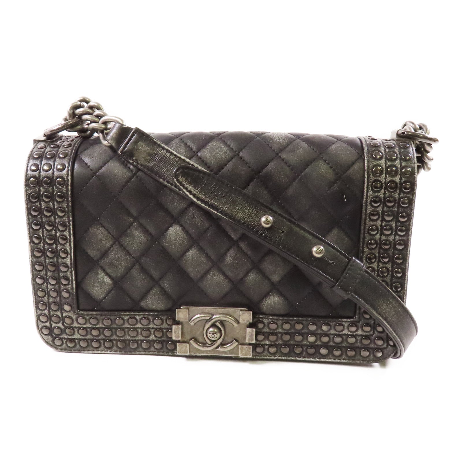 CHANEL 牛皮皮革Boy 25銀扣鏈帶肩背袋