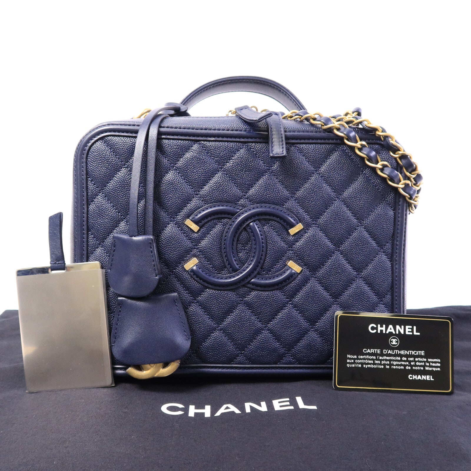 CHANEL 牛皮皮革CC Filigree Vanity Case鏈帶手挽肩背兩用袋