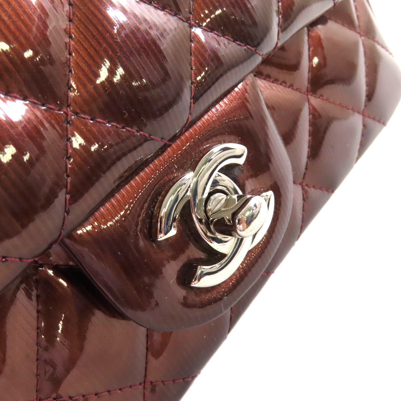CHANEL 菱格漆皮皮革Chain Shoulder Bag銀扣鏈帶肩背袋啡紅色
