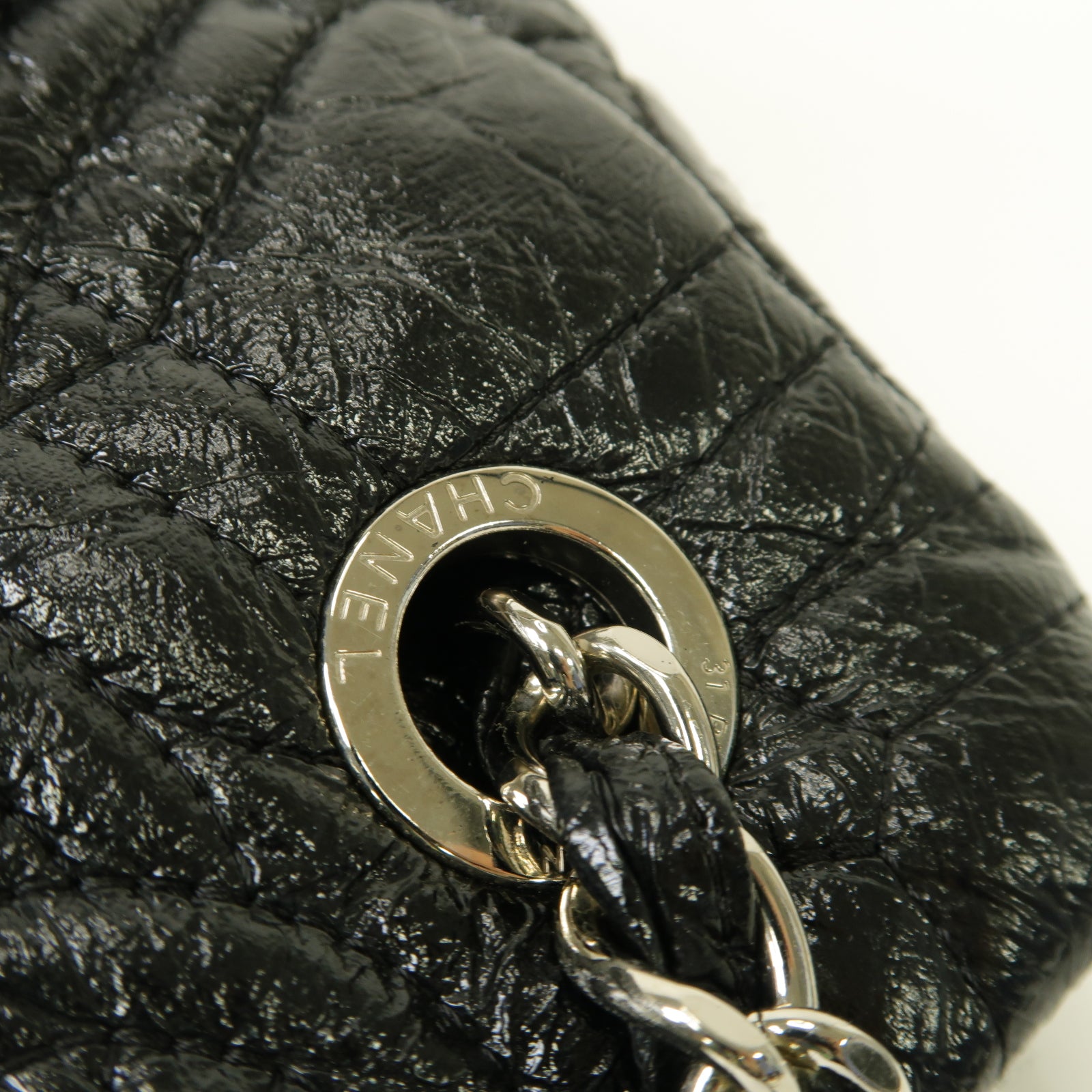 CHANEL 漆皮皮革Chain Shoulder Bag銀扣鏈帶肩背袋黒色