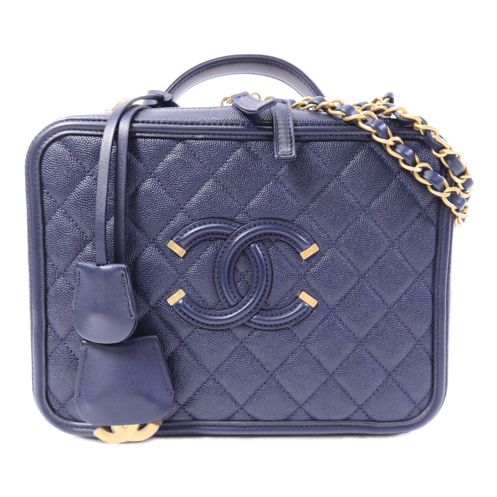 CHANEL 牛皮皮革CC Filigree Vanity Case鏈帶手挽肩背兩用袋