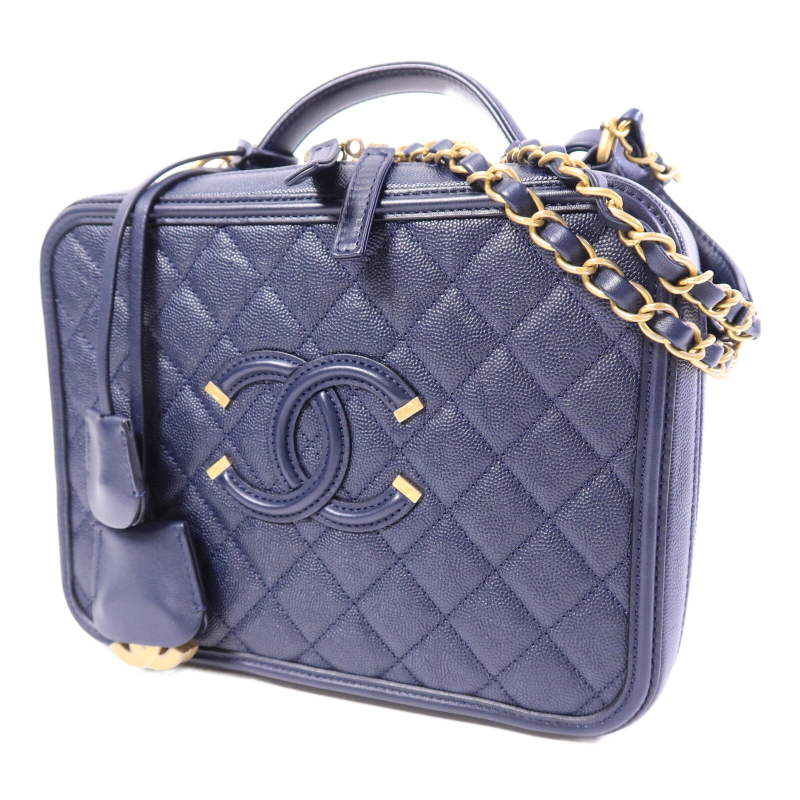 CHANEL 牛皮皮革CC Filigree Vanity Case鏈帶手挽肩背兩用袋
