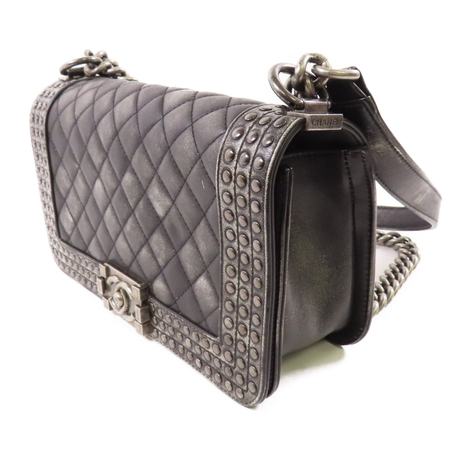 CHANEL 牛皮皮革Boy 25銀扣鏈帶肩背袋