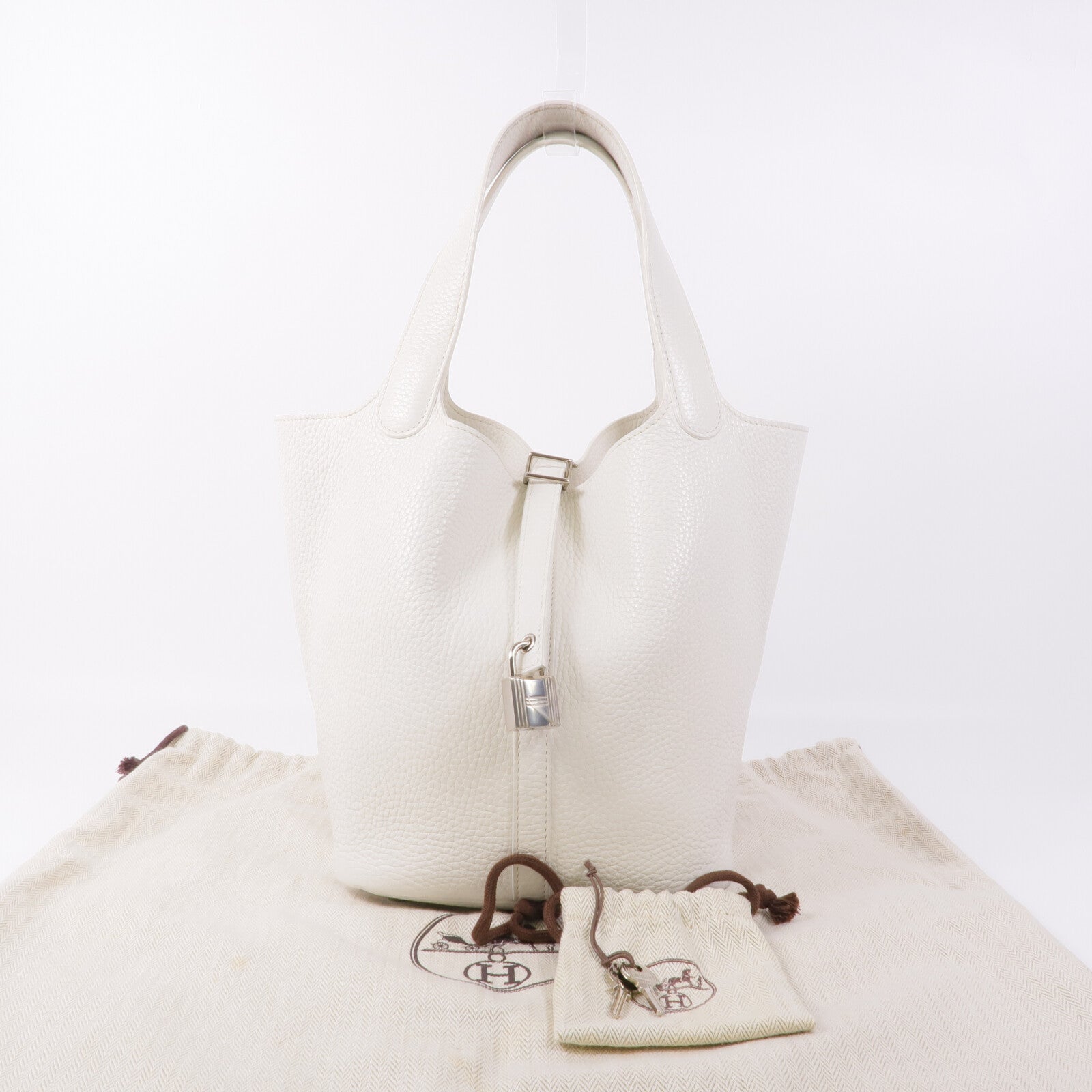 HERMES Clemence皮革Picotin MM銀扣手挽袋Blanc