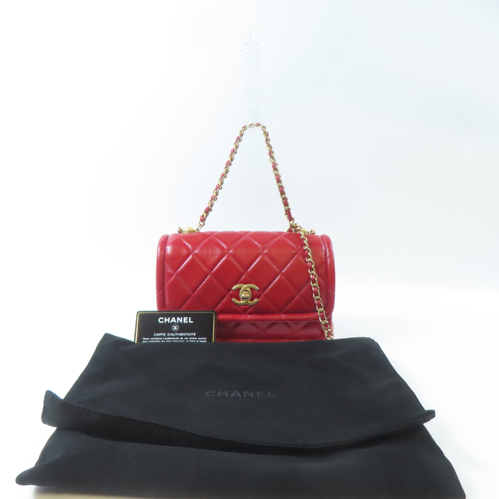 CHANEL 菱格羊皮皮革Chain Shoulder金扣鏈帶肩背袋紅色