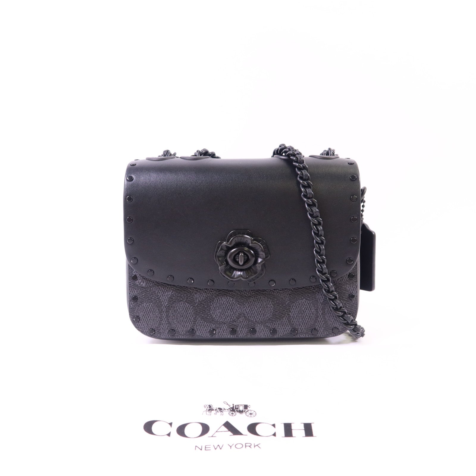 COACH 塗層帆布/牛皮皮革Mini Flap Crossbody Bag鏈帶肩背袋