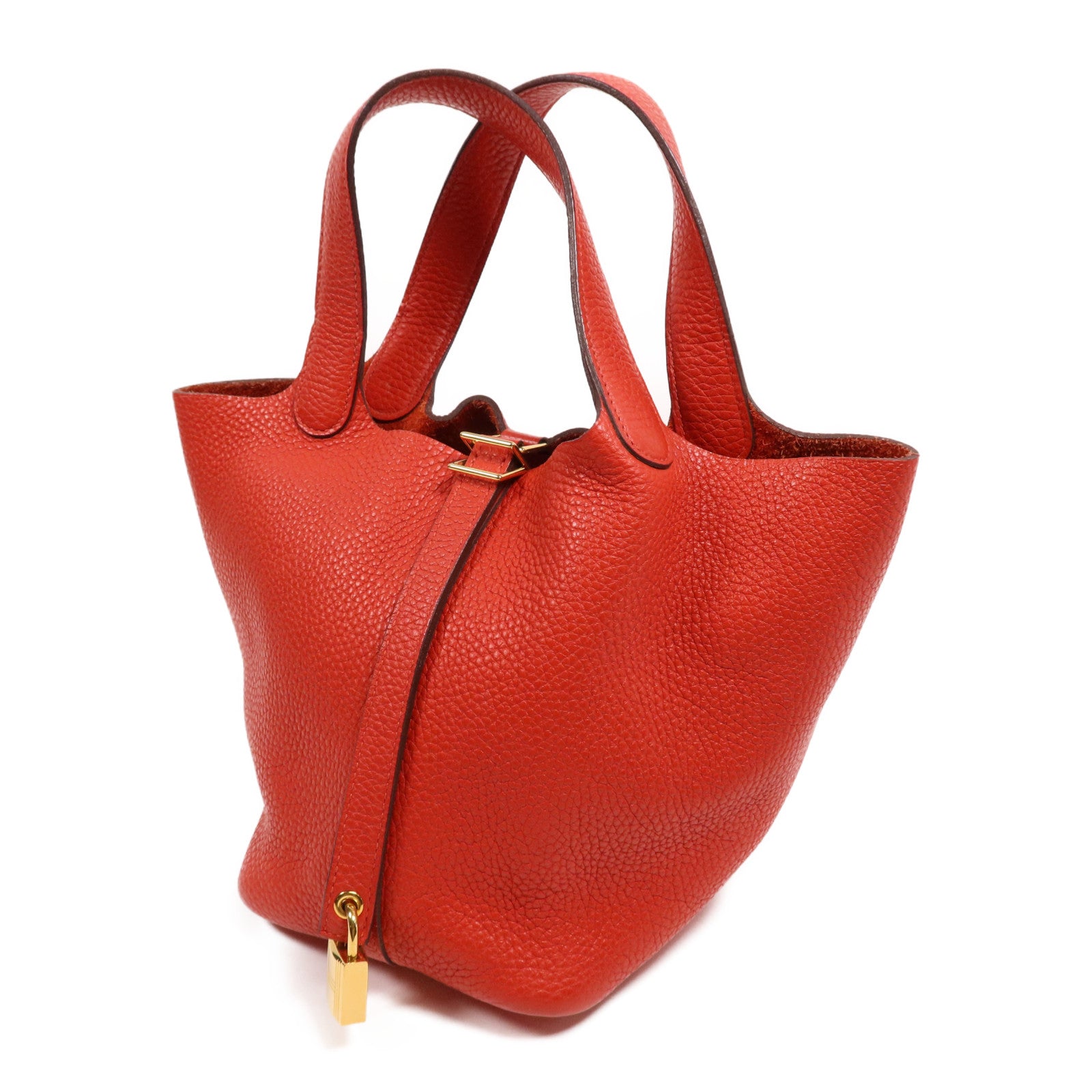 HERMES Clemence皮革Picotin PM金扣手挽袋Rouge Tomate