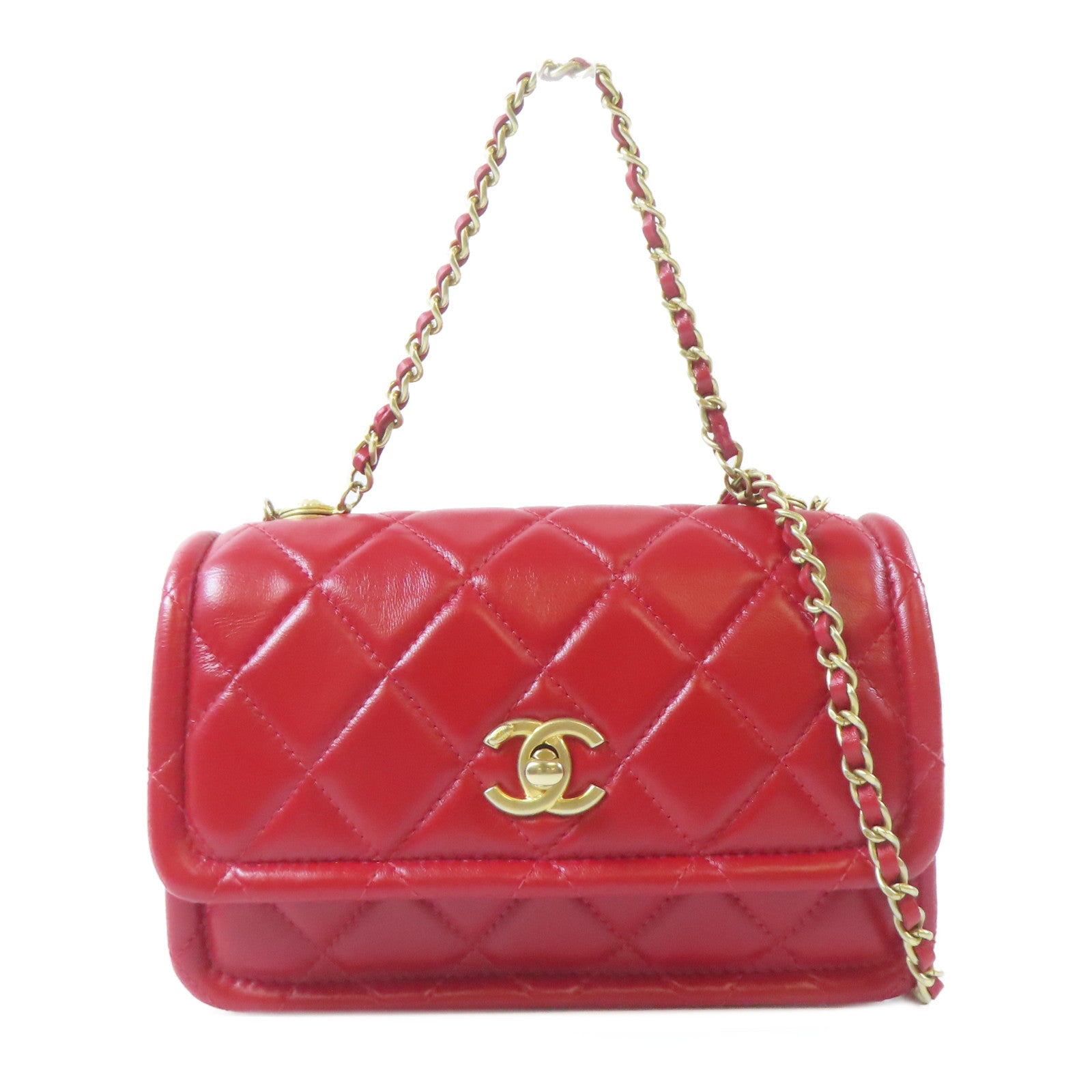CHANEL 菱格羊皮皮革Chain Shoulder金扣鏈帶肩背袋紅色