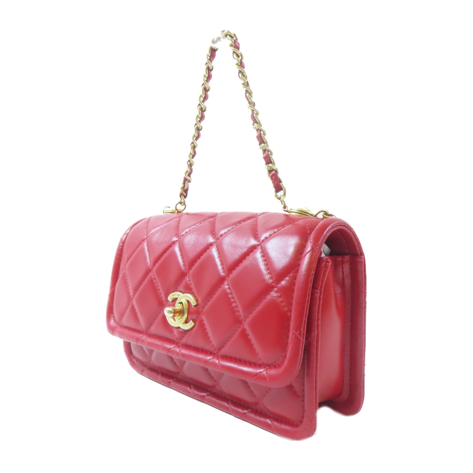 CHANEL 菱格羊皮皮革Chain Shoulder金扣鏈帶肩背袋紅色
