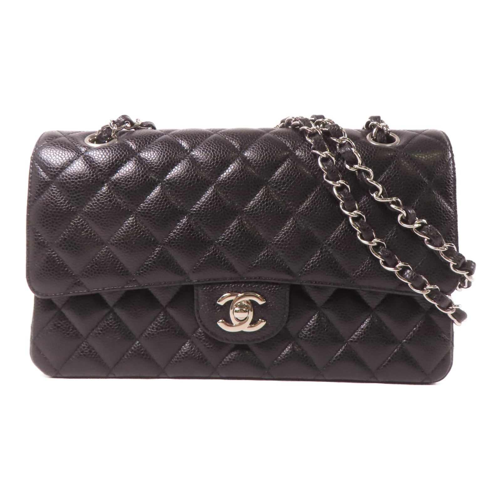 CHANEL 菱格牛皮皮革Chain Shoulder銀扣鏈帶肩背袋黑色