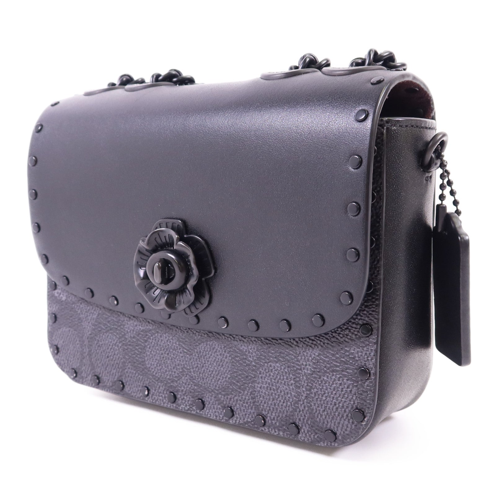 COACH 塗層帆布/牛皮皮革Mini Flap Crossbody Bag鏈帶肩背袋