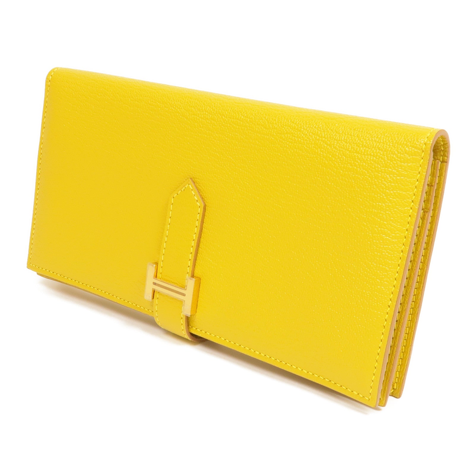 HERMES Chevre皮革Bearn Long Wallet金扣長錢包Jaune Ambre