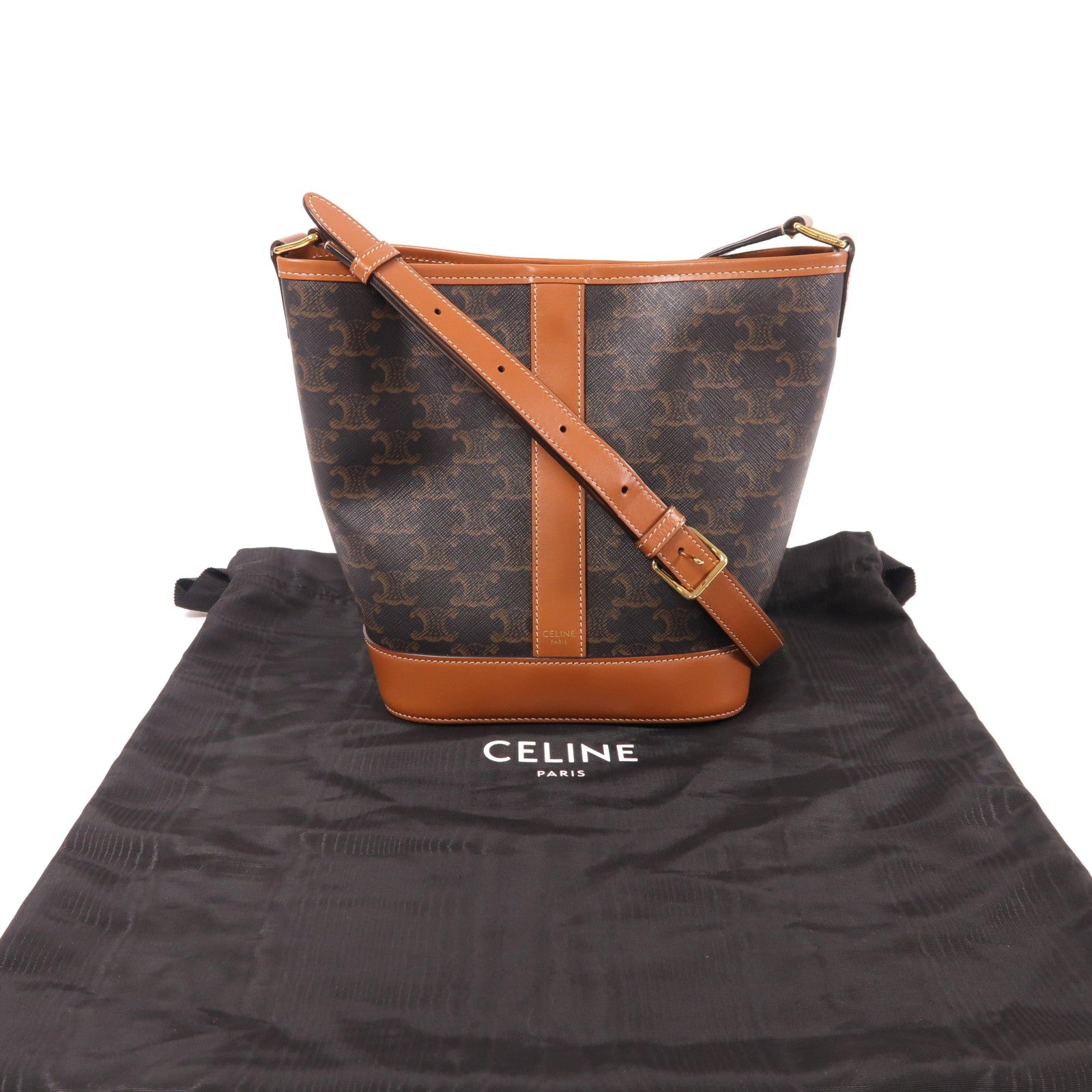 CELINE 塗層帆布Triomphe Bucket金扣肩背袋