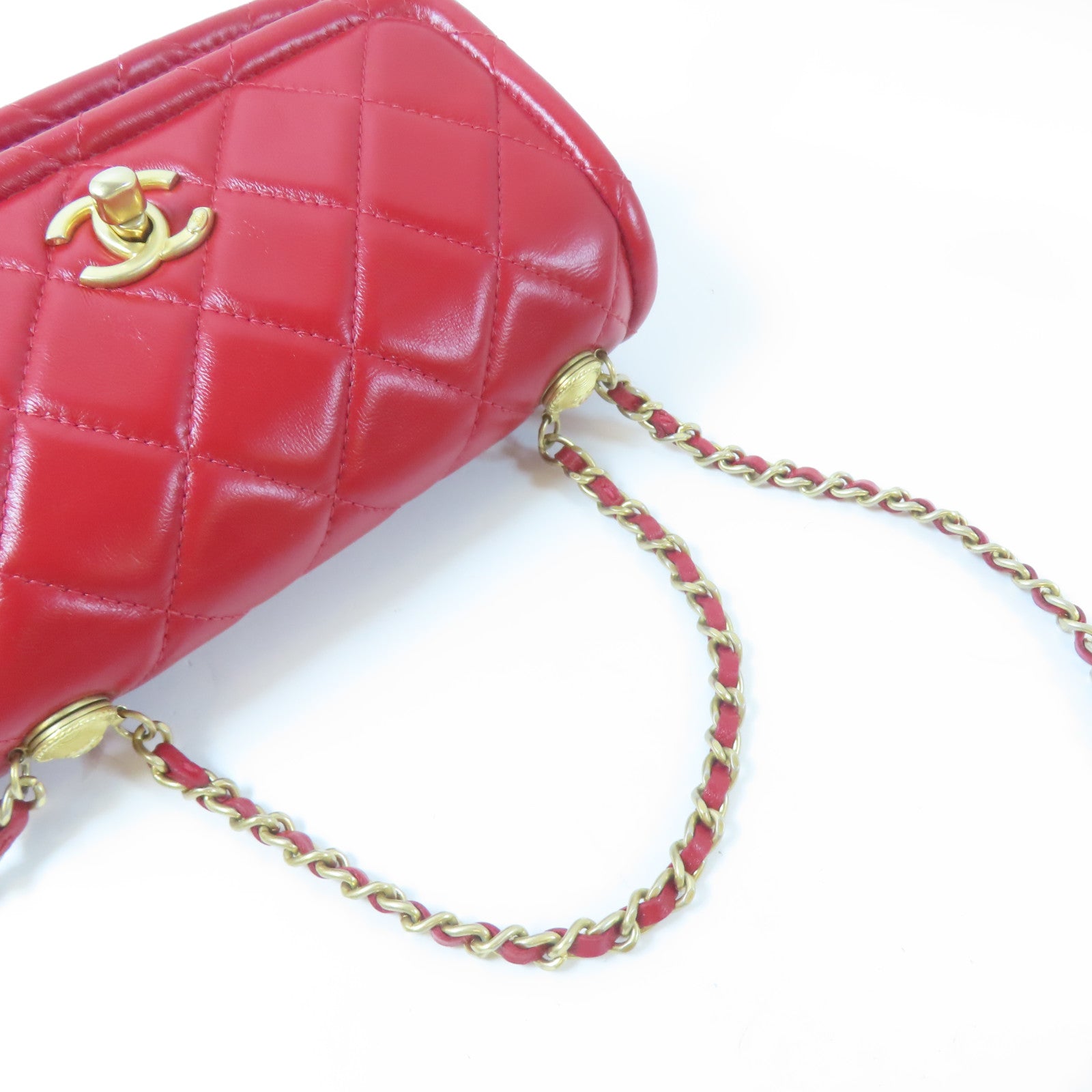 CHANEL 菱格羊皮皮革Chain Shoulder金扣鏈帶肩背袋紅色