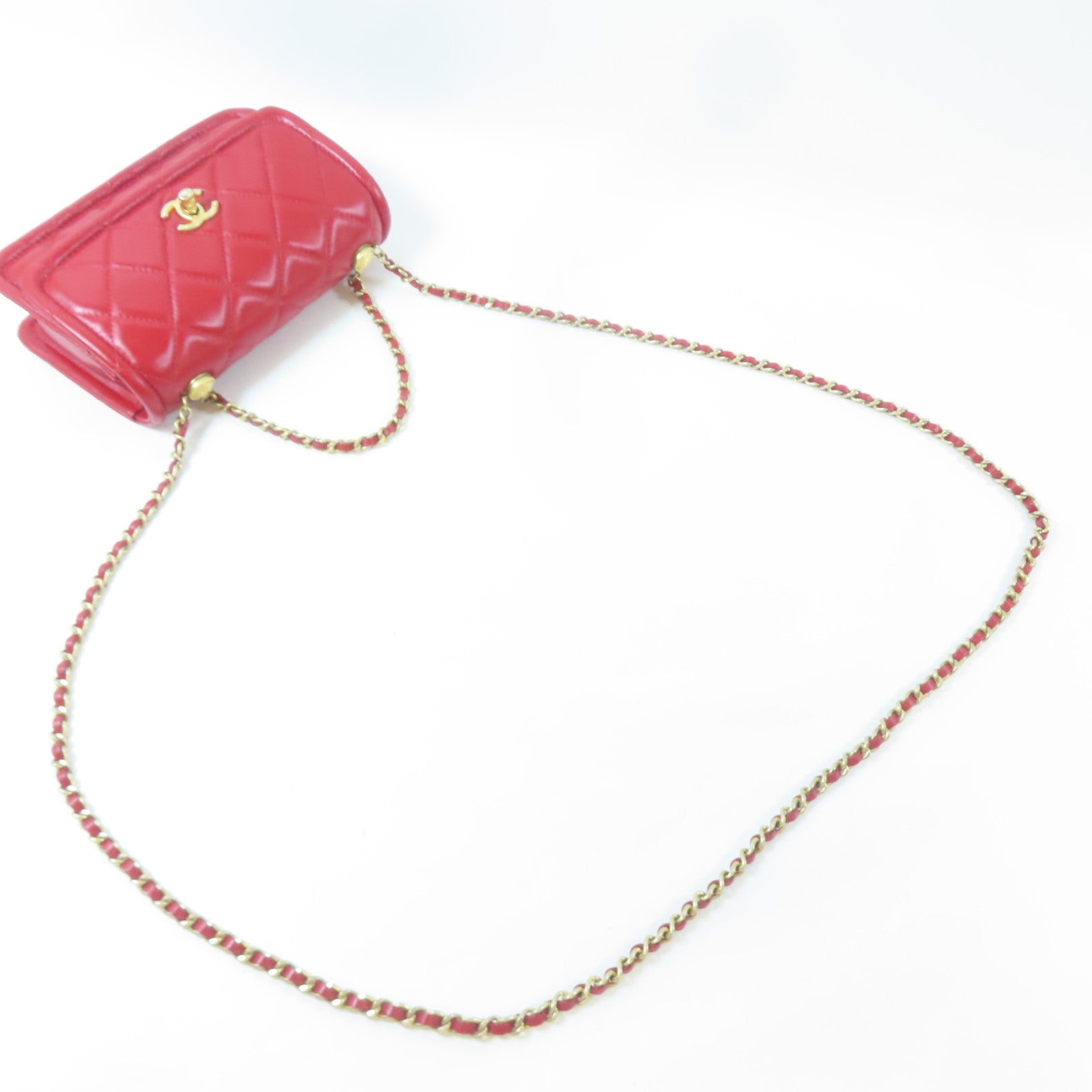 CHANEL 菱格羊皮皮革Chain Shoulder金扣鏈帶肩背袋紅色