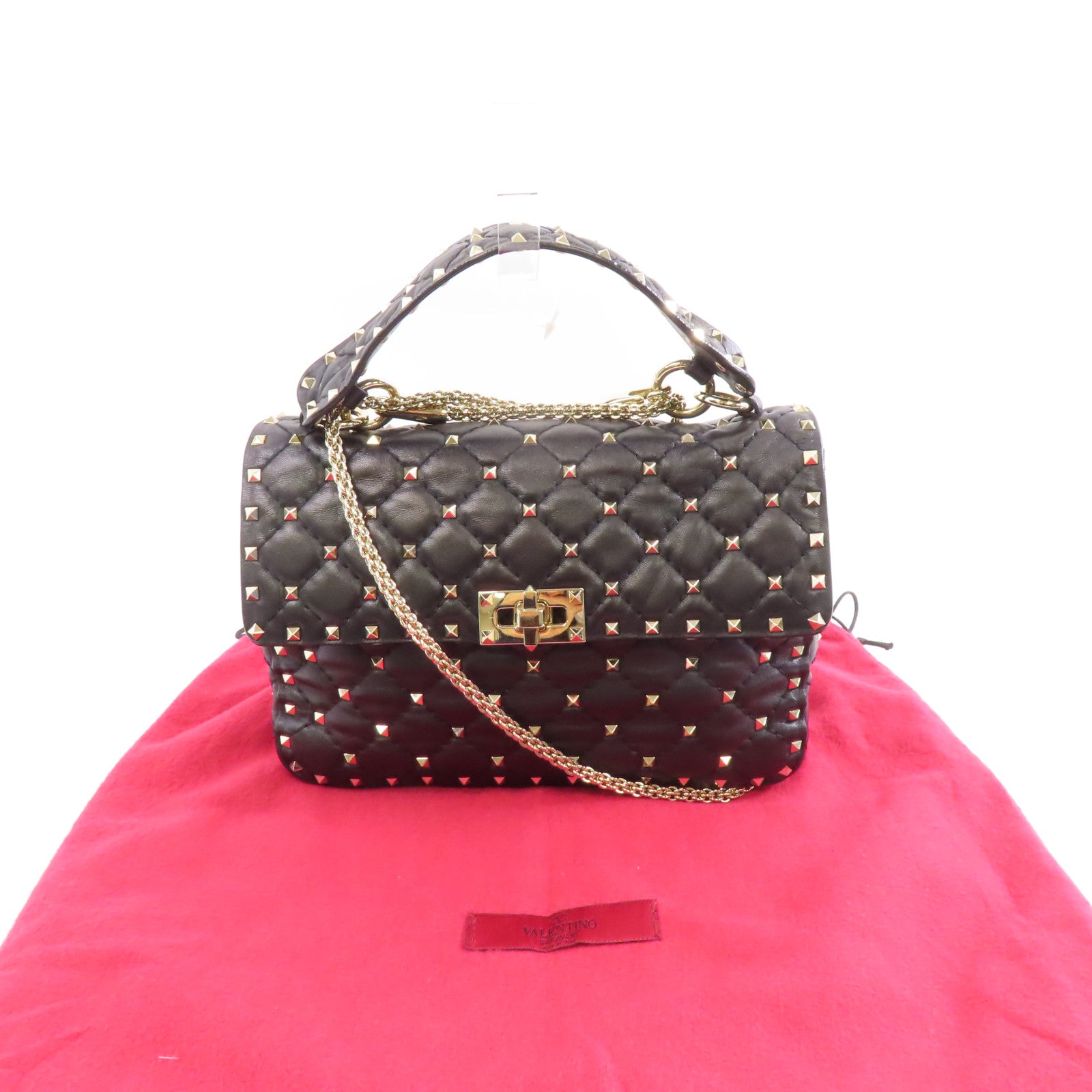 Valentino 牛皮皮革Garavani Rockstud Spike Bag銀扣鏈帶手挽肩背兩用袋黑色