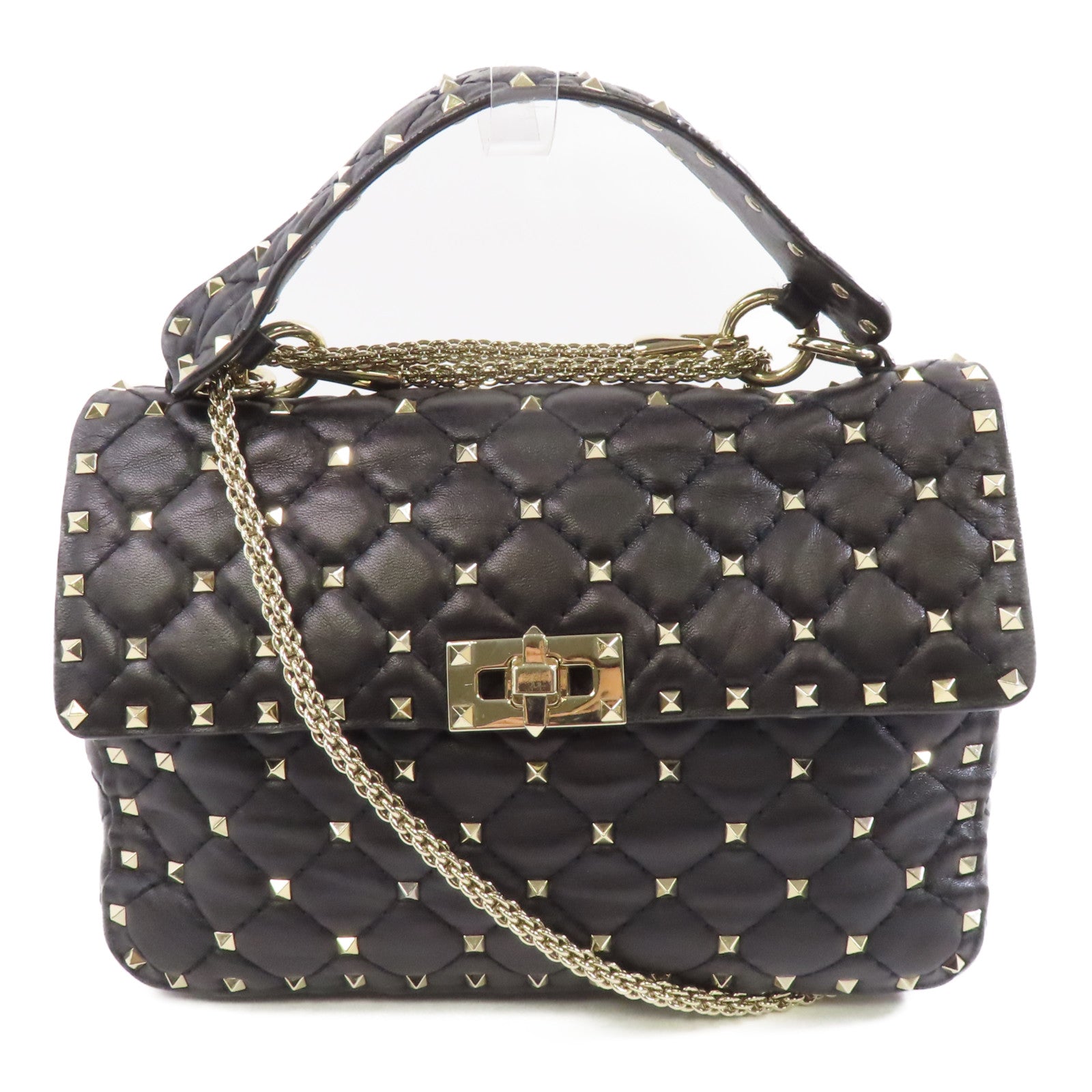 Valentino 牛皮皮革Garavani Rockstud Spike Bag銀扣鏈帶手挽肩背兩用袋黑色