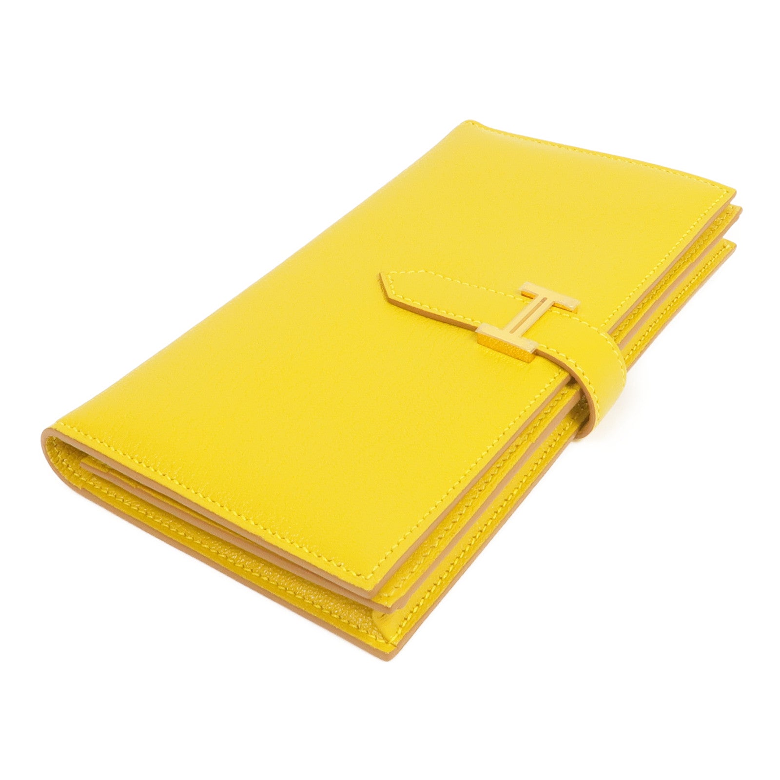 HERMES Chevre皮革Bearn Long Wallet金扣長錢包Jaune Ambre