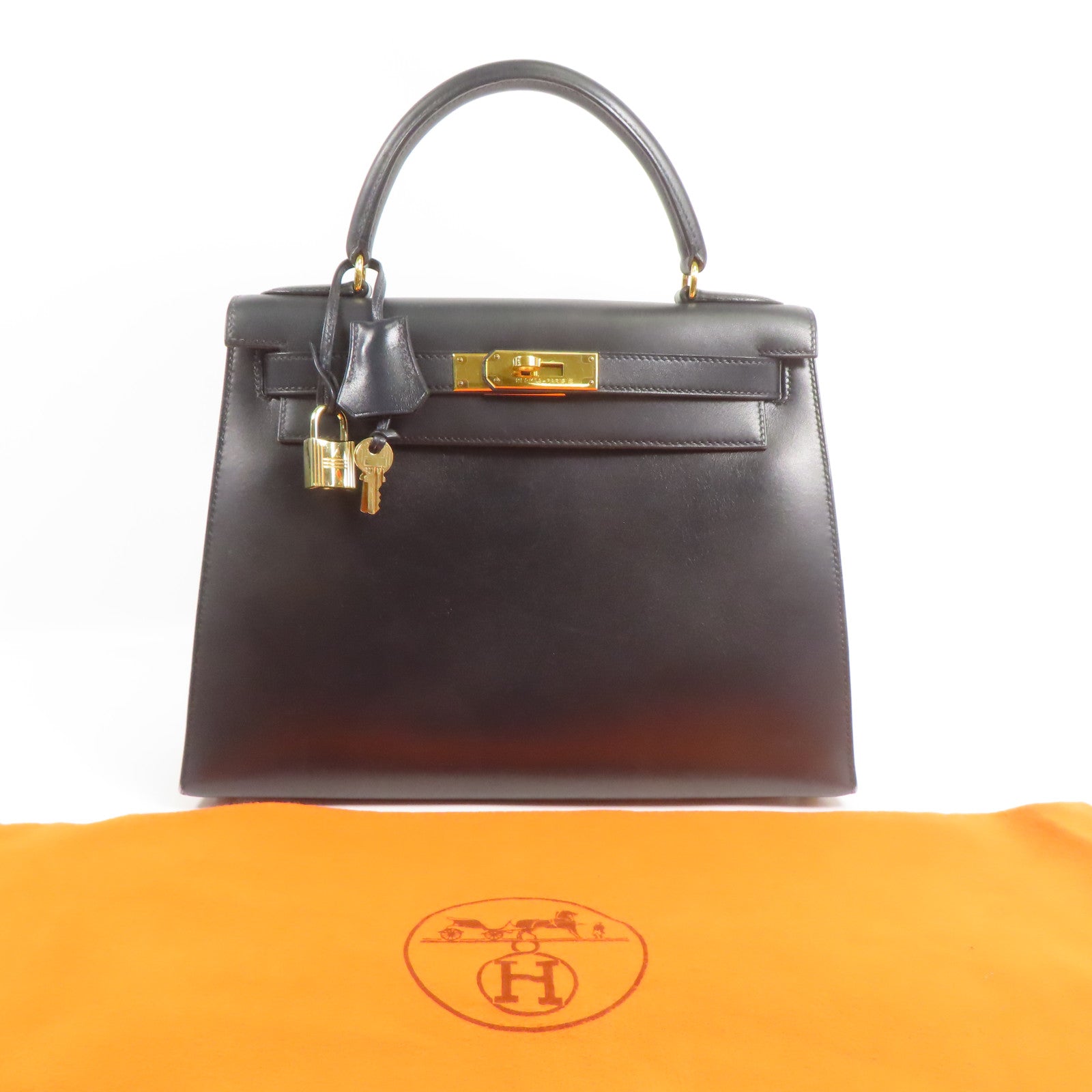 HERMES Box Calf皮革Vintage Kelly 28金扣手挽袋Black