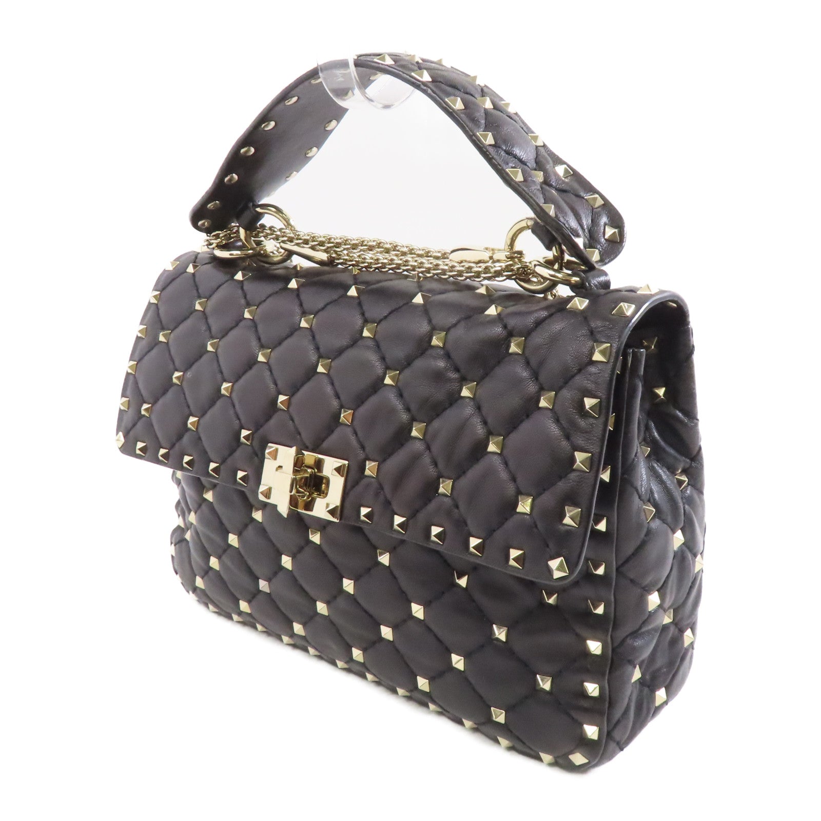 Valentino 牛皮皮革Garavani Rockstud Spike Bag銀扣鏈帶手挽肩背兩用袋黑色