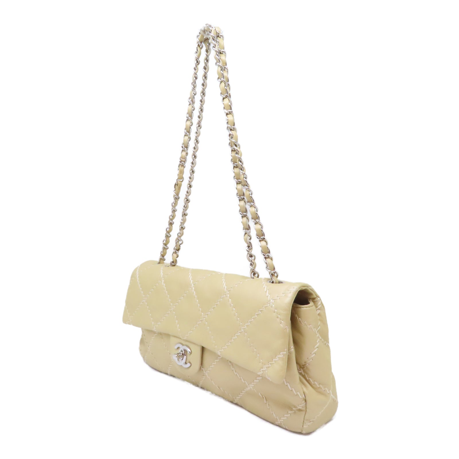 CHANEL 菱格羊皮皮革Chain Shoulder銀扣鏈帶肩背袋金色