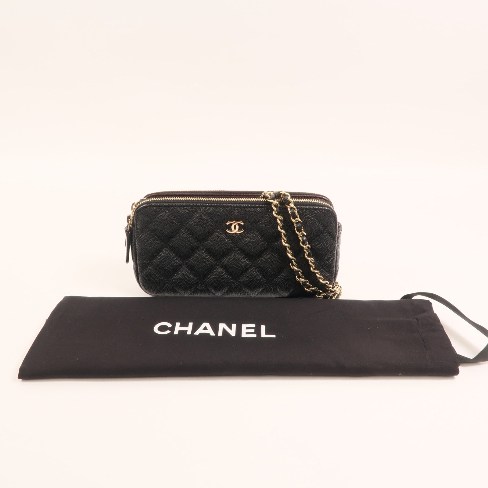 CHANEL 牛皮皮革Double Zip Clutch金扣鏈帶肩背袋