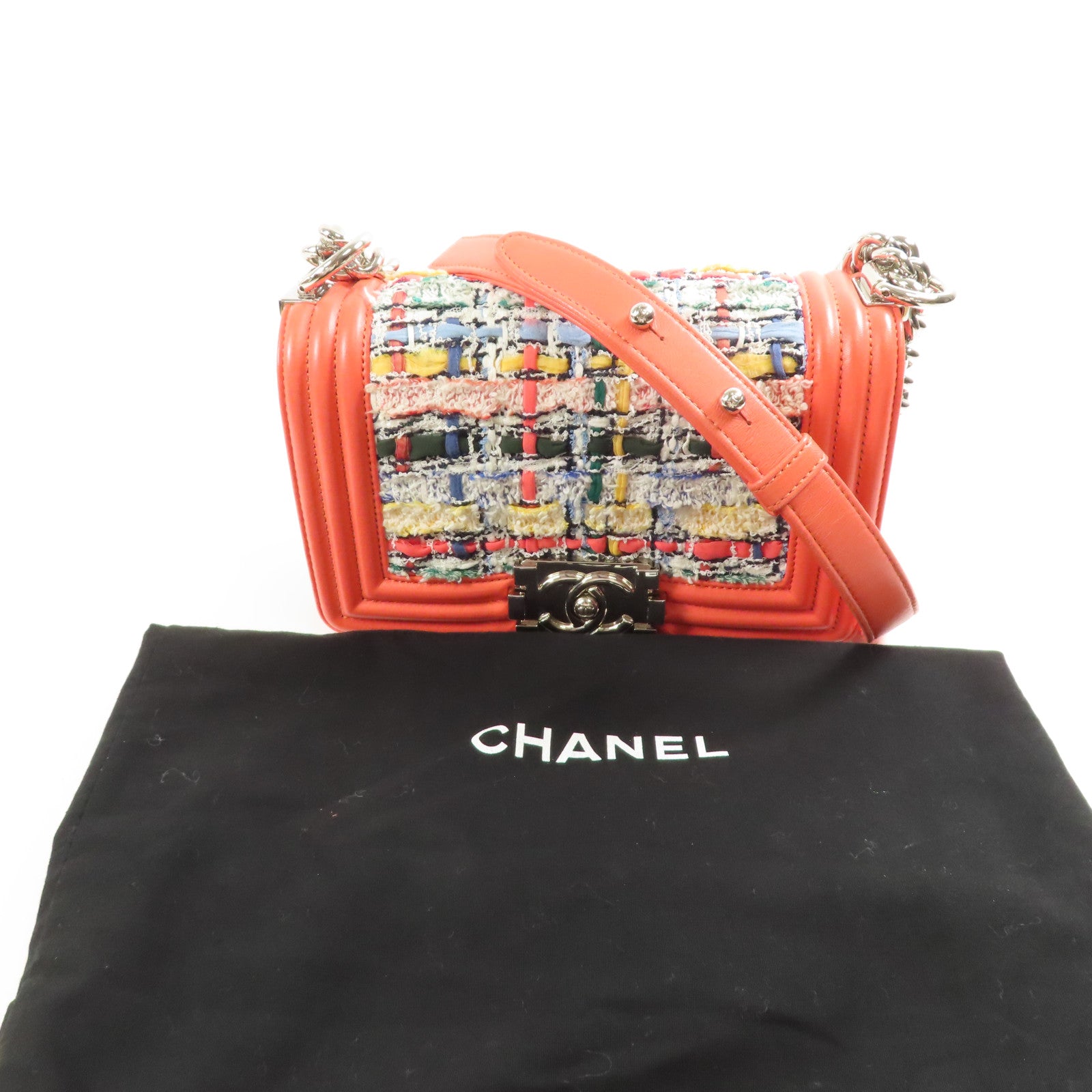 CHANEL 斜紋軟呢Boy 20銀扣鏈帶肩背袋