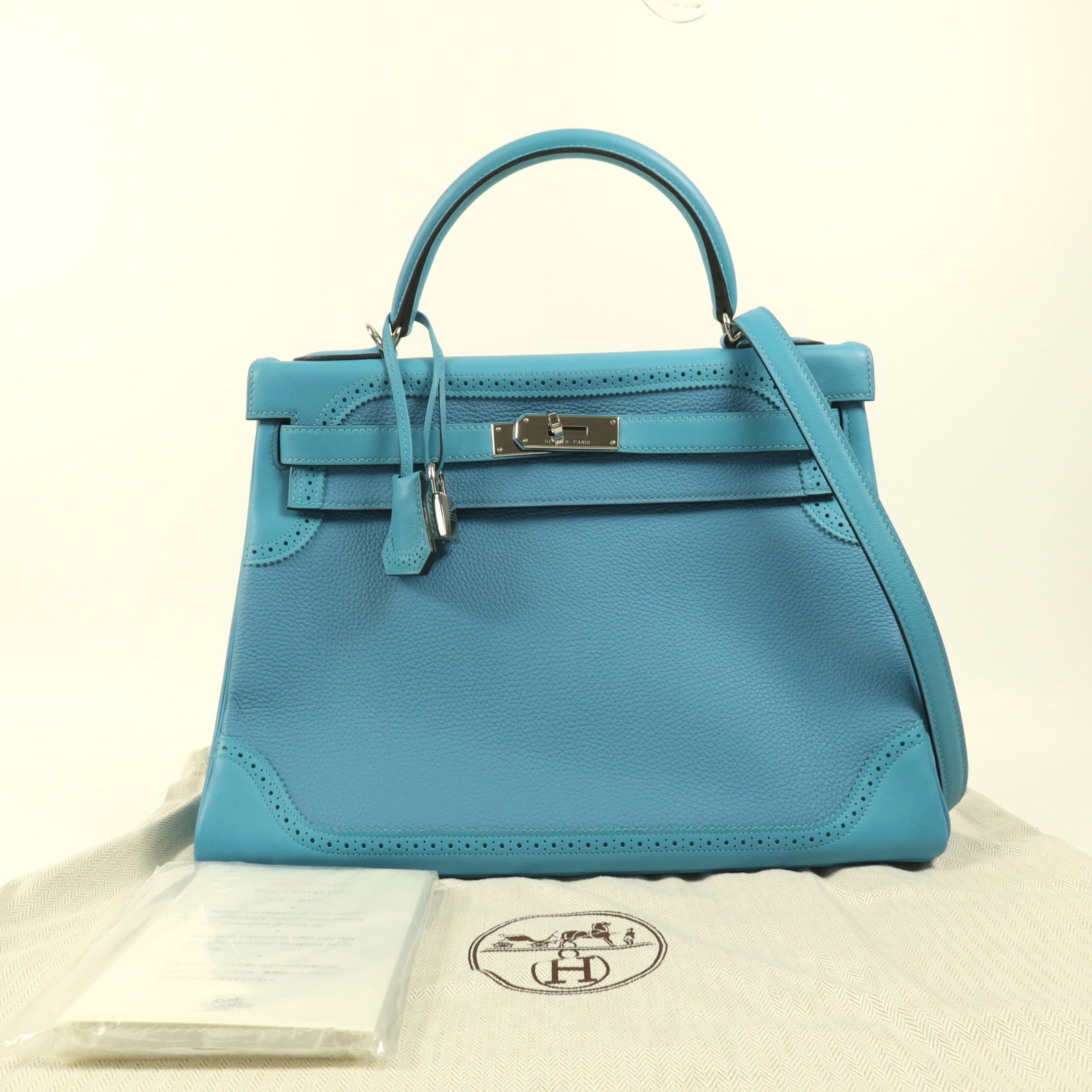 HERMES Togo皮革/Swift皮革Kelly Ghillies 32銀扣手挽肩背兩用袋Turquoise
