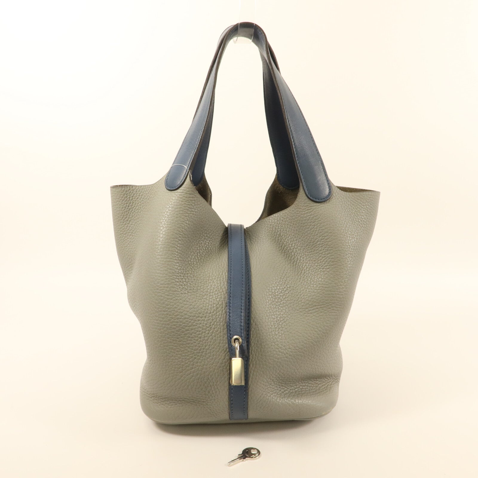 HERMES Clemence皮革Picotin MM手挽袋Gris Moue/Bleu Agate