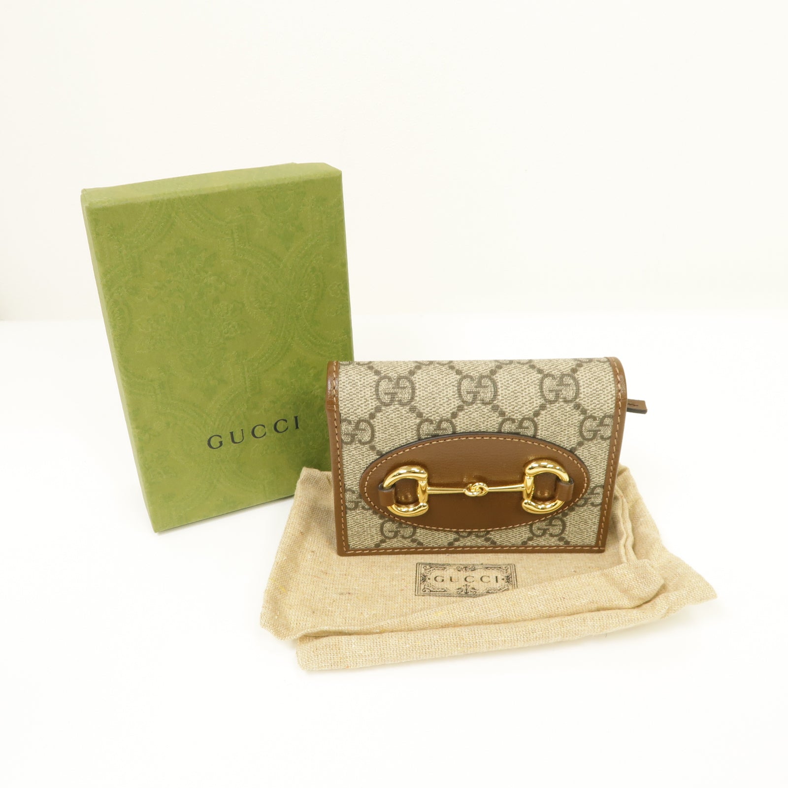 GUCCI 塗層帆布Horsebit 1955 Wallet/Card Holder金扣錢包/卡片套棕色