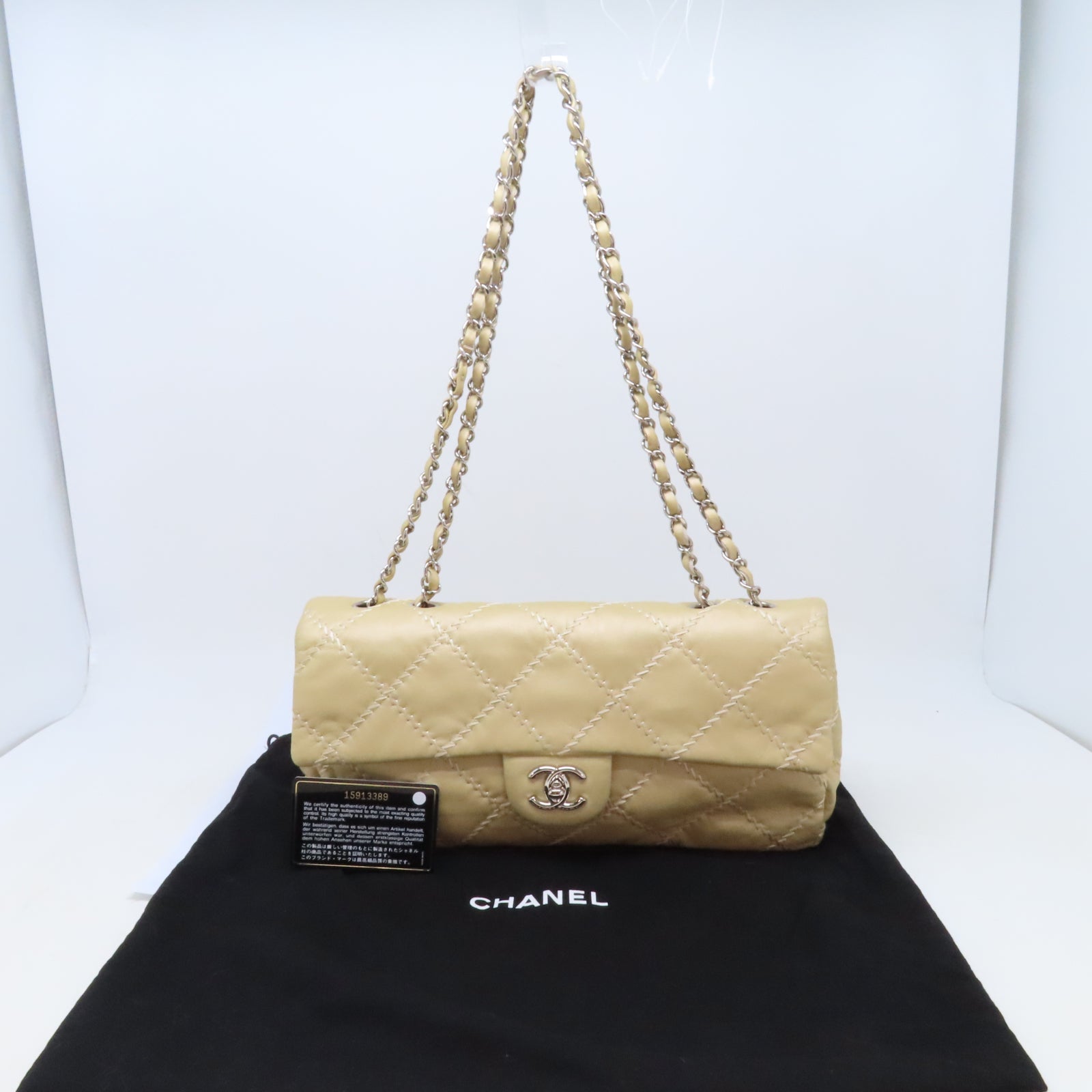CHANEL 菱格羊皮皮革Chain Shoulder銀扣鏈帶肩背袋金色
