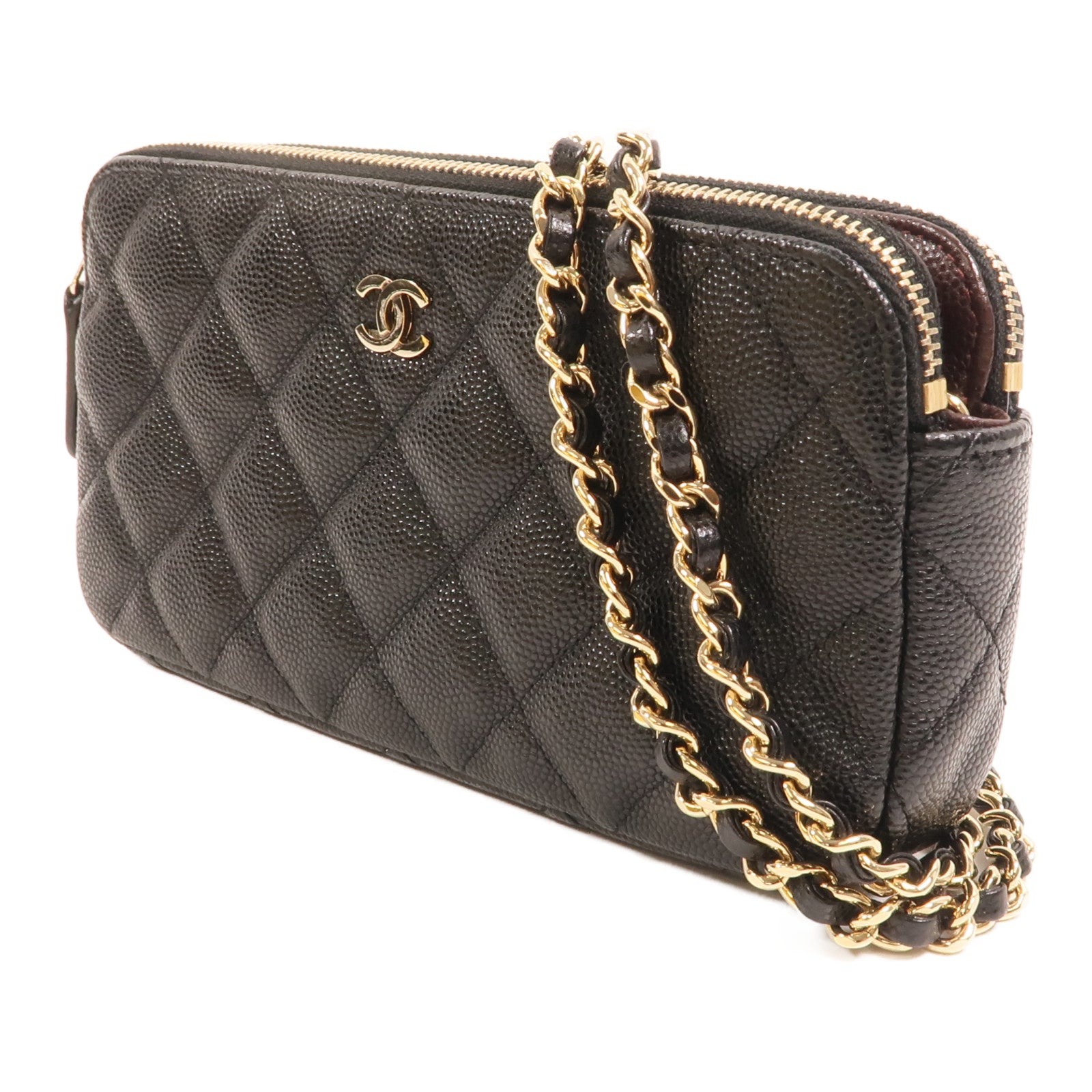 CHANEL 牛皮皮革Double Zip Clutch金扣鏈帶肩背袋