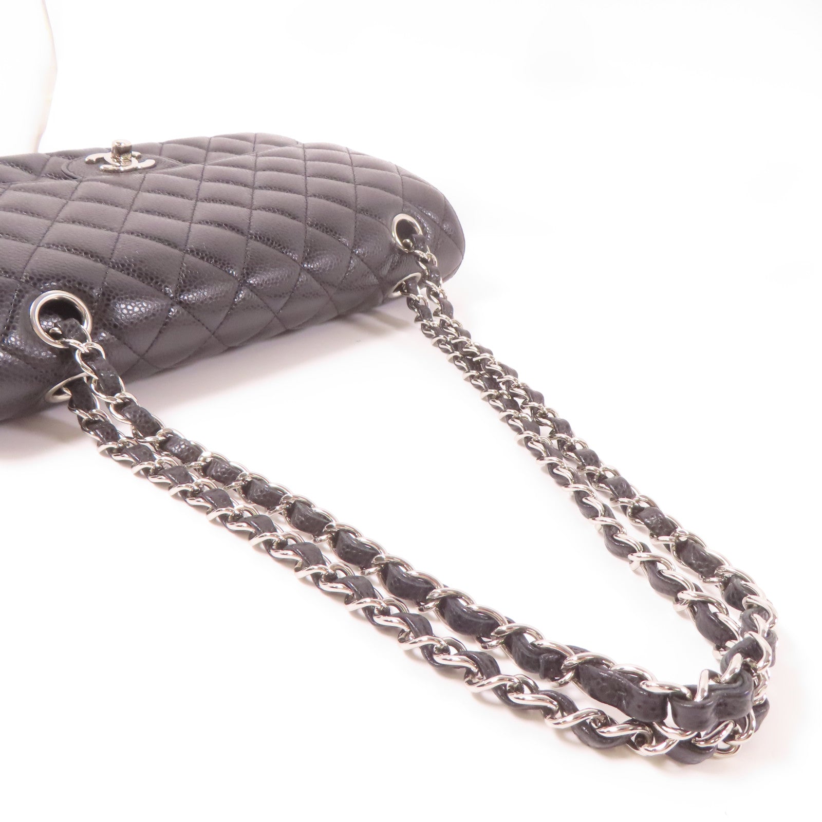 CHANEL 菱格牛皮皮革Chain Shoulder銀扣鏈帶肩背袋黑色