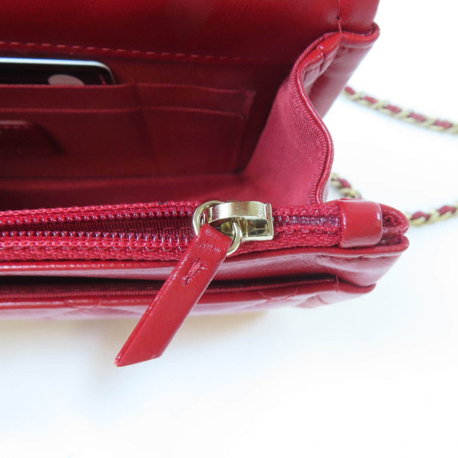 CHANEL 菱格羊皮皮革Chain Shoulder金扣鏈帶肩背袋紅色