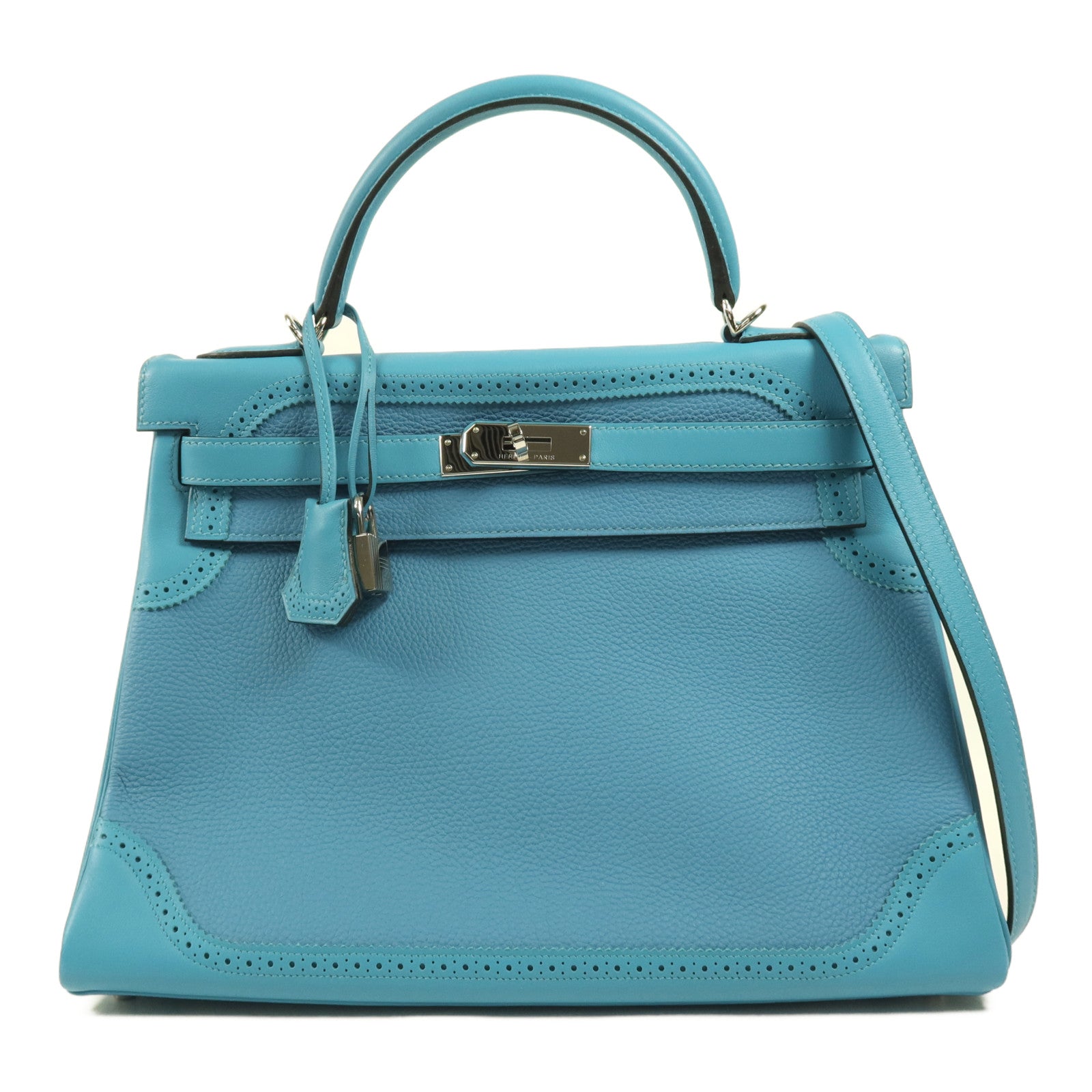 HERMES Togo皮革/Swift皮革Kelly Ghillies 32銀扣手挽肩背兩用袋Turquoise