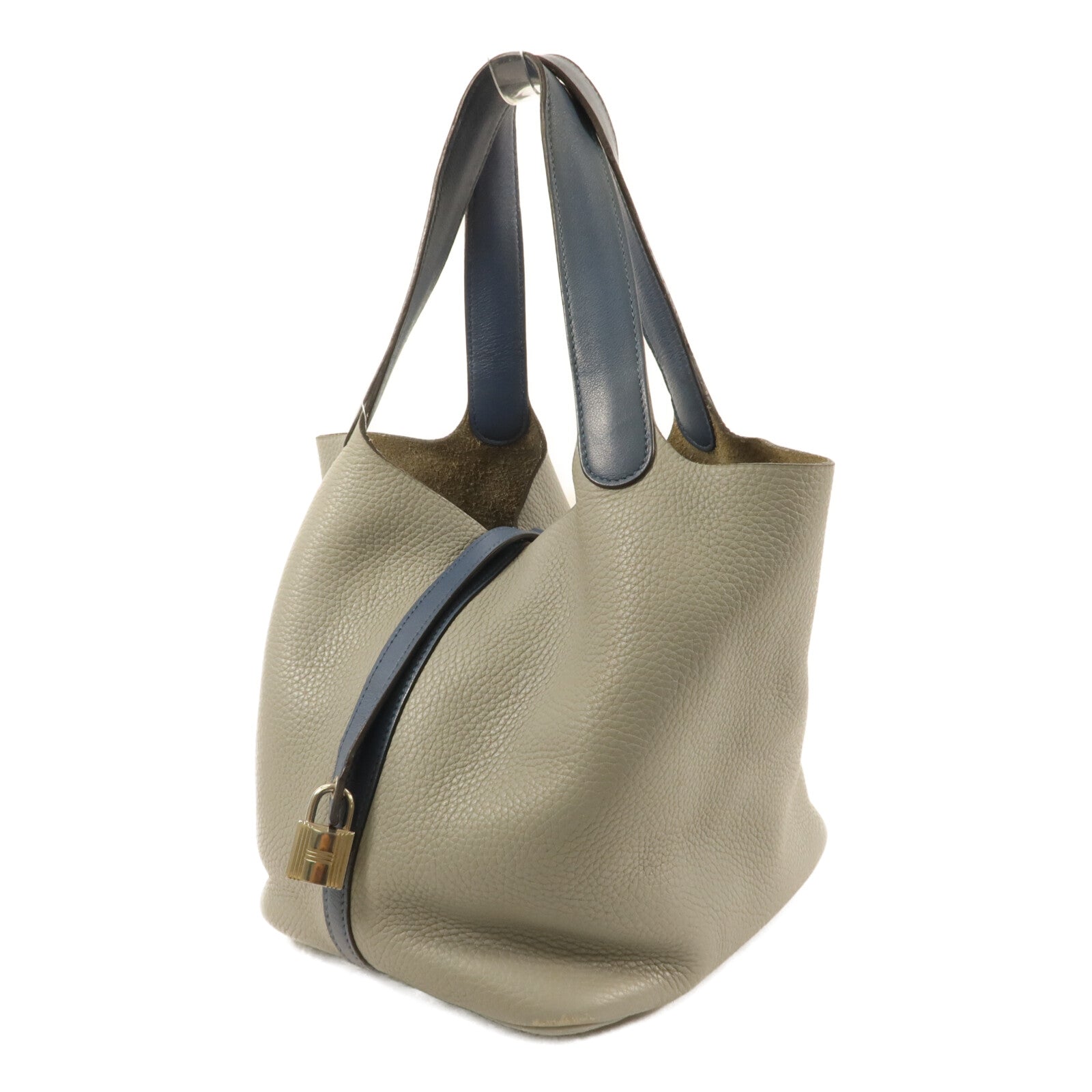 HERMES Clemence皮革Picotin MM手挽袋Gris Moue/Bleu Agate