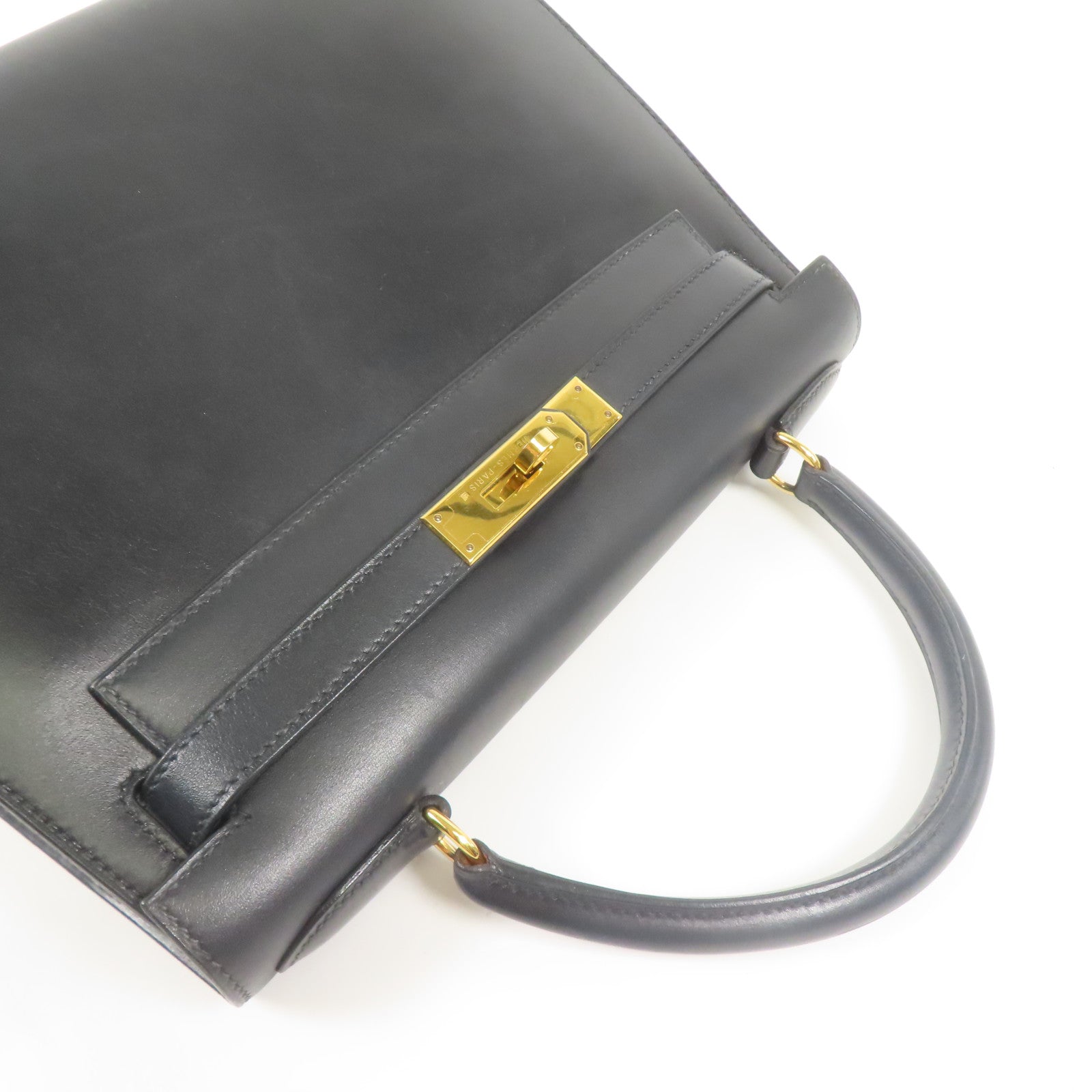 HERMES Box Calf皮革Vintage Kelly 28金扣手挽袋Black
