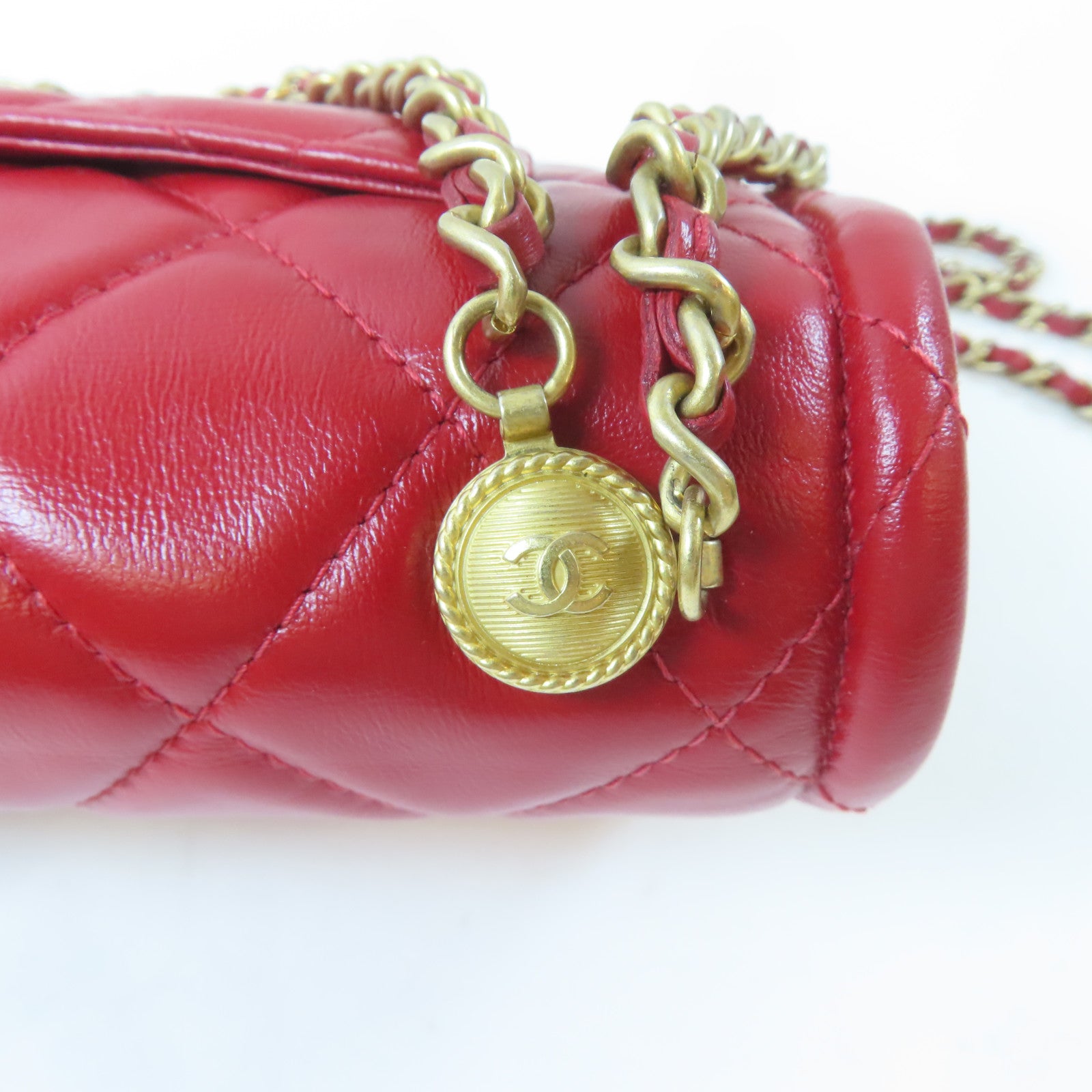 CHANEL 菱格羊皮皮革Chain Shoulder金扣鏈帶肩背袋紅色